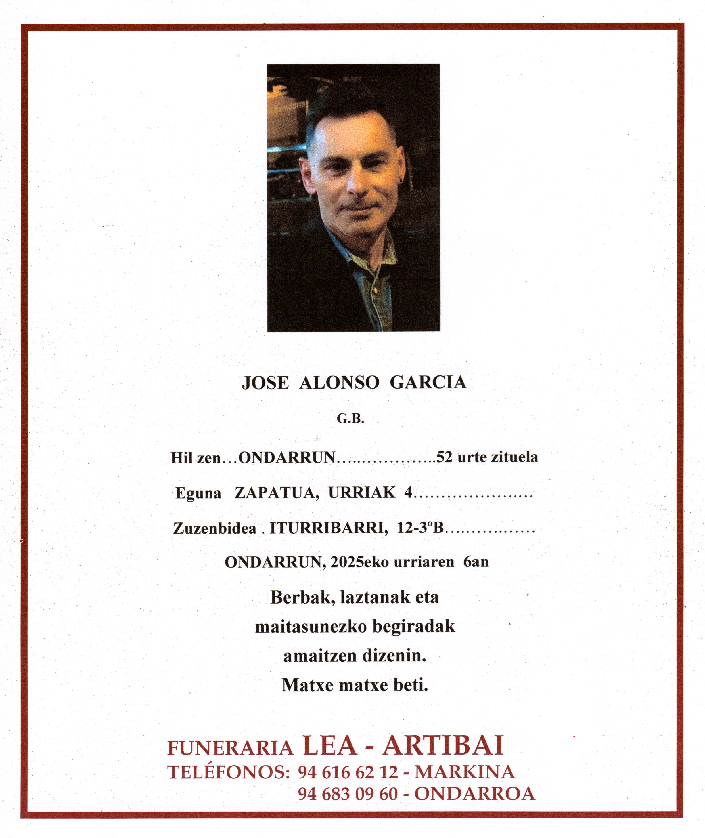 Esquela de Jose Alonso Garcia