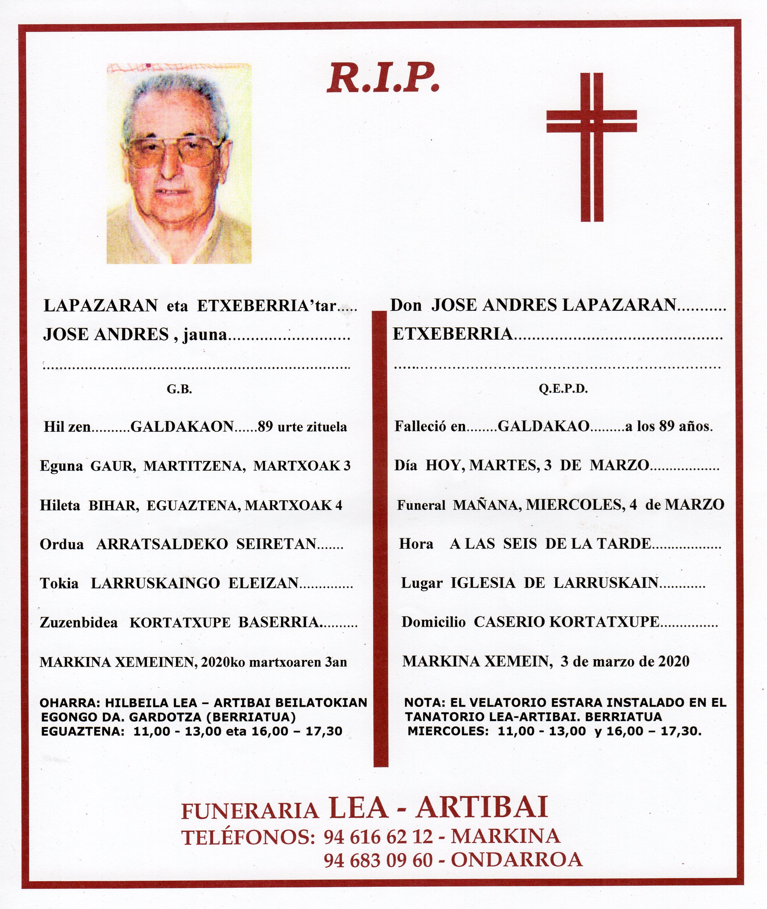 Esquela de Jose Andres Lapazaran Etxeberria