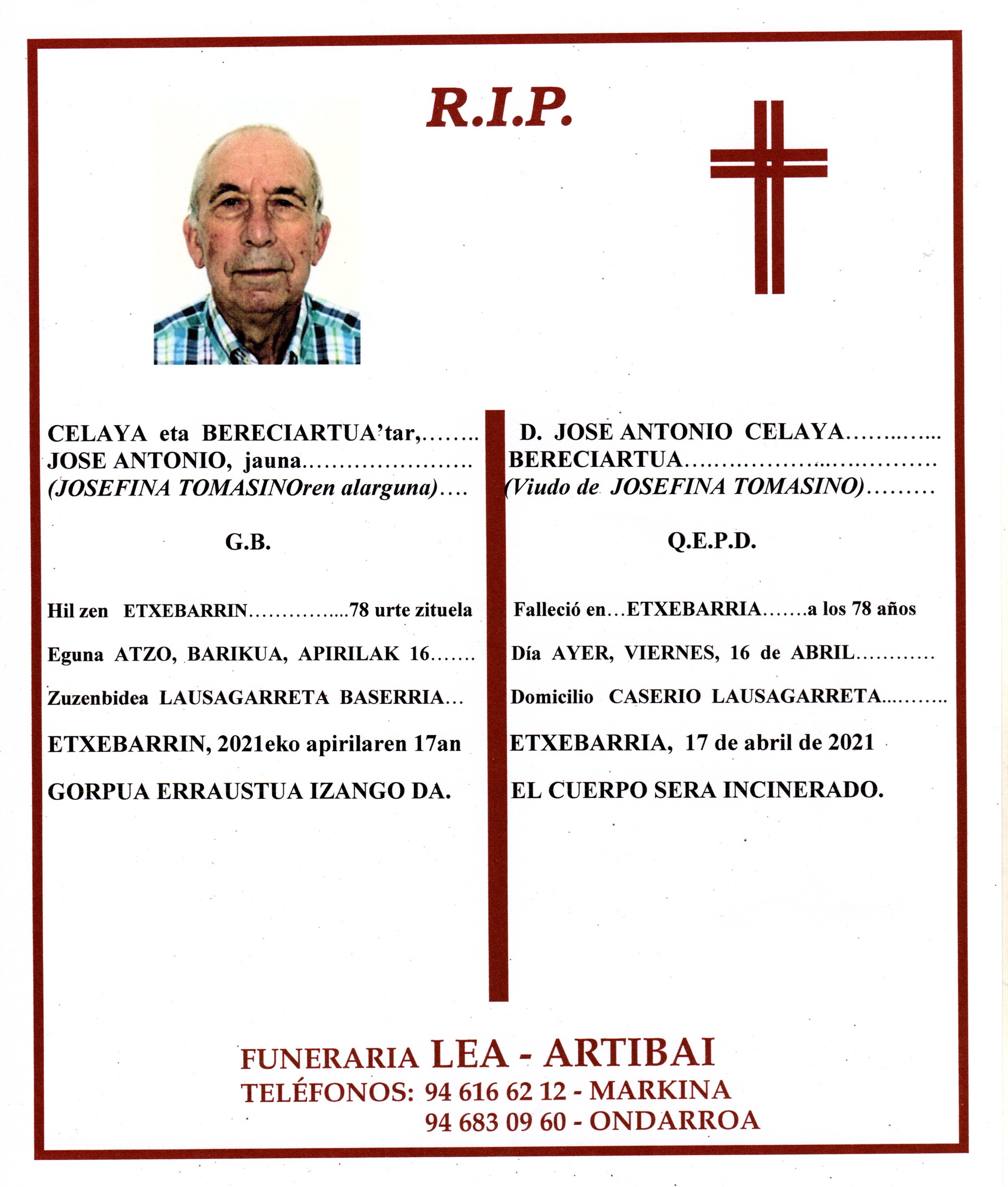 Esquela de Jose Antonio Celaya Bereciartua