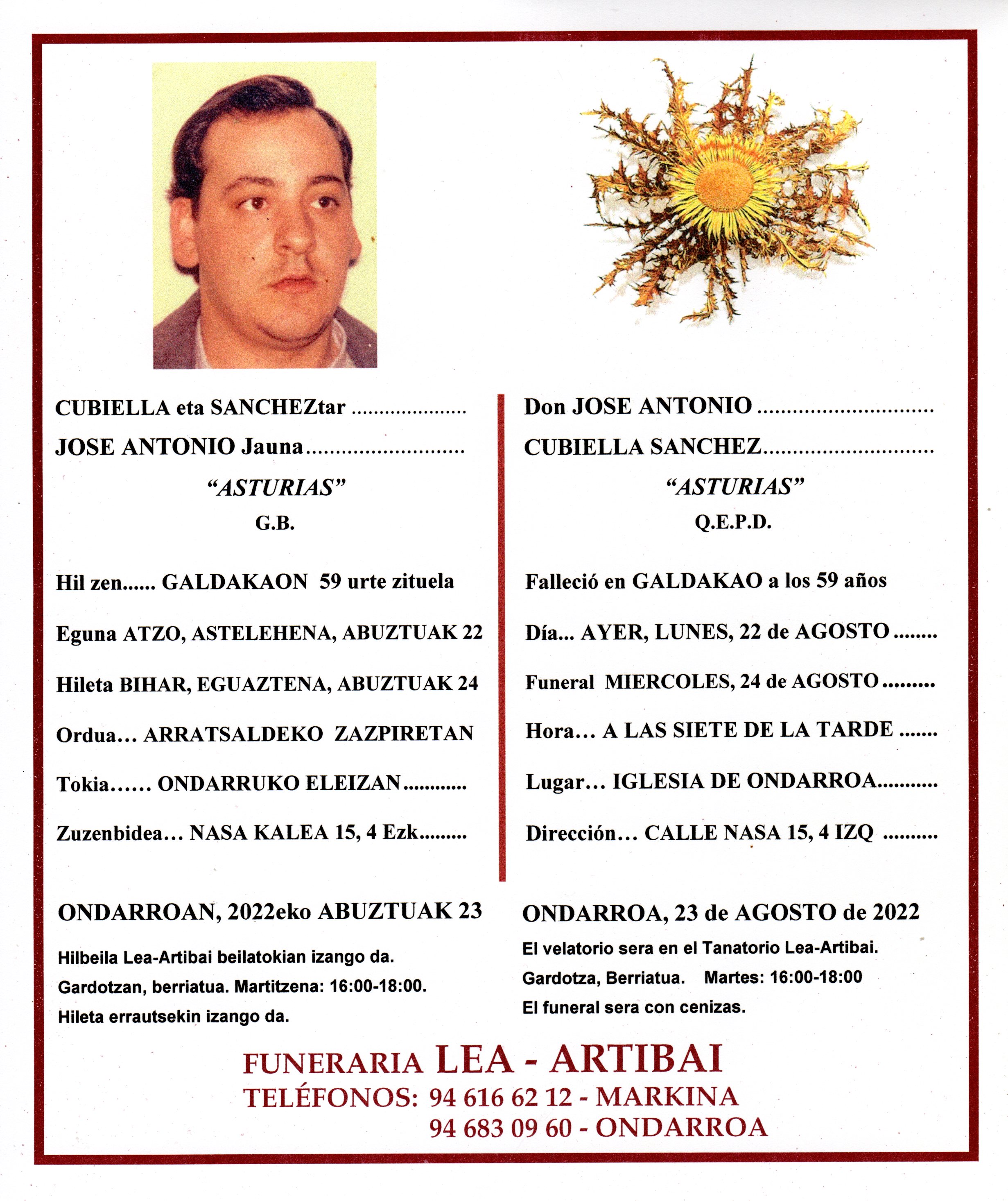 Esquela de Jose Antonio Cubiella Sanchez