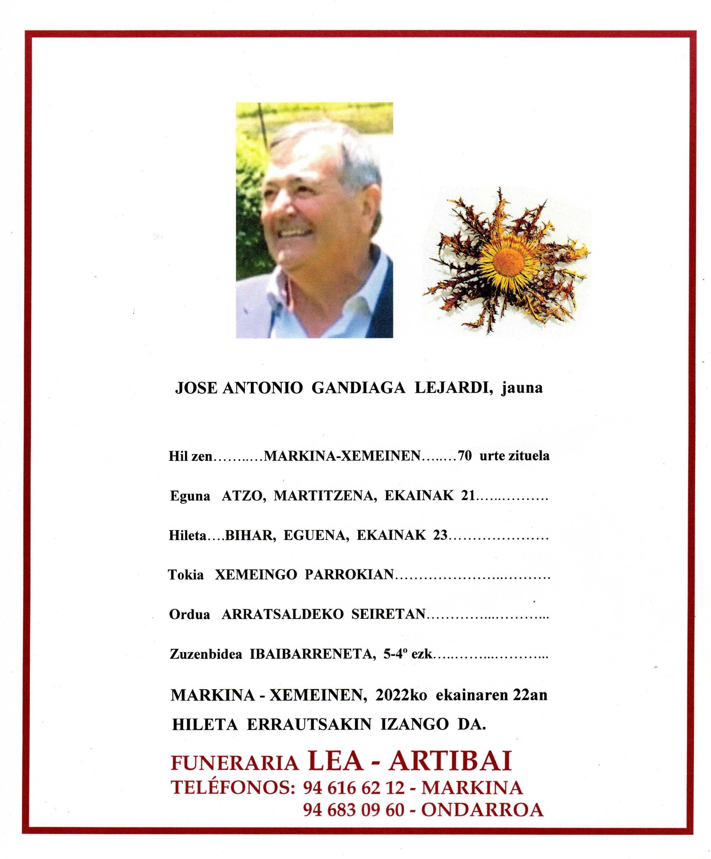 Esquela de Jose Antonio Gandiaga Lejardi