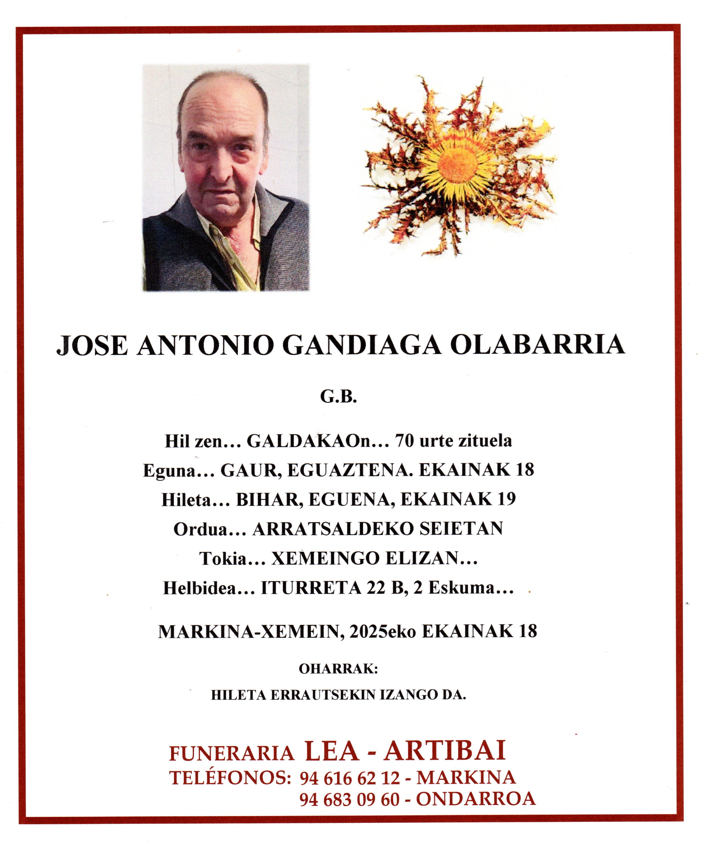 Esquela de Jose Antonio Gandiaga Olabarria
