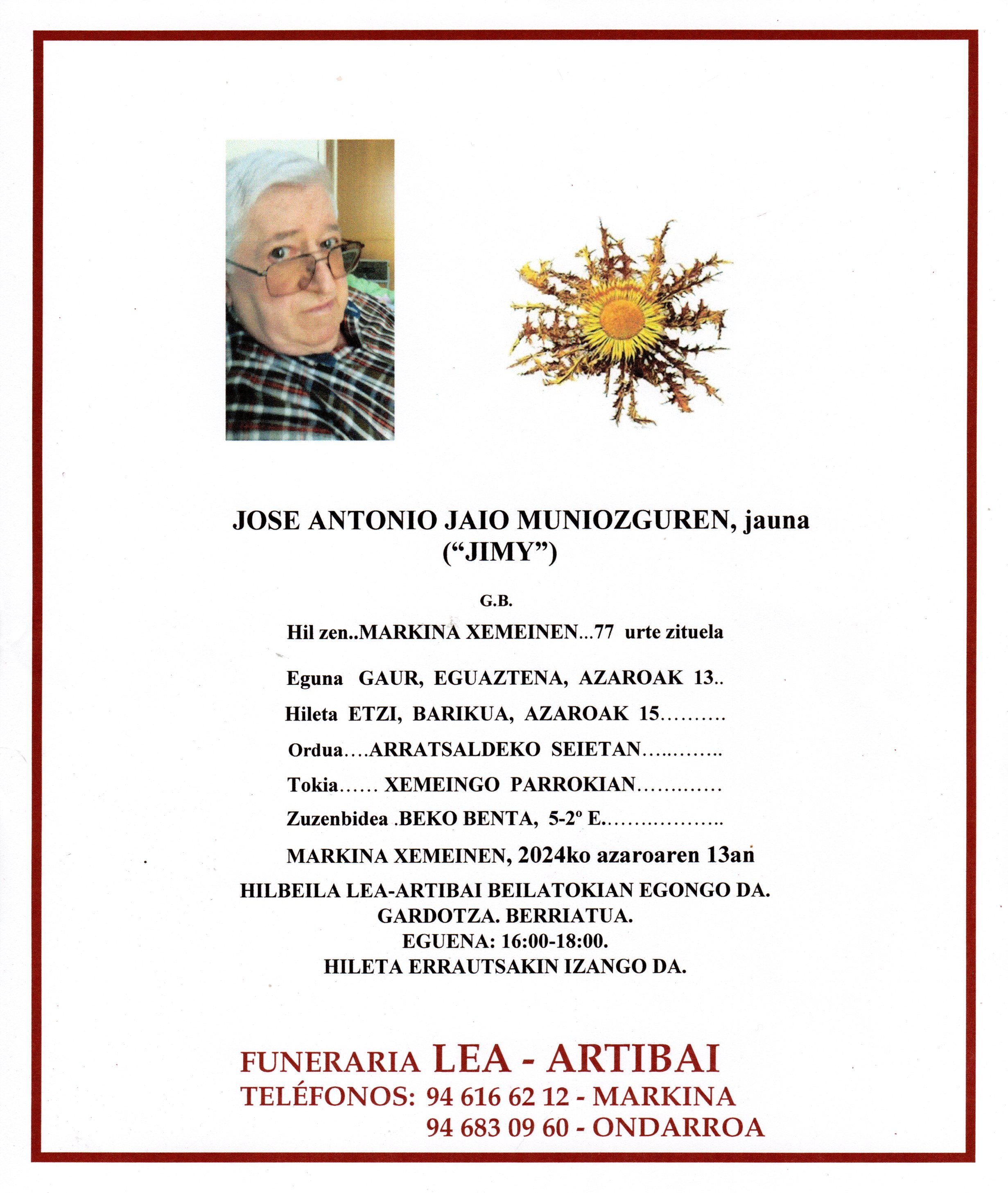 Esquela de Jose Antonio Jaio Muniozguren