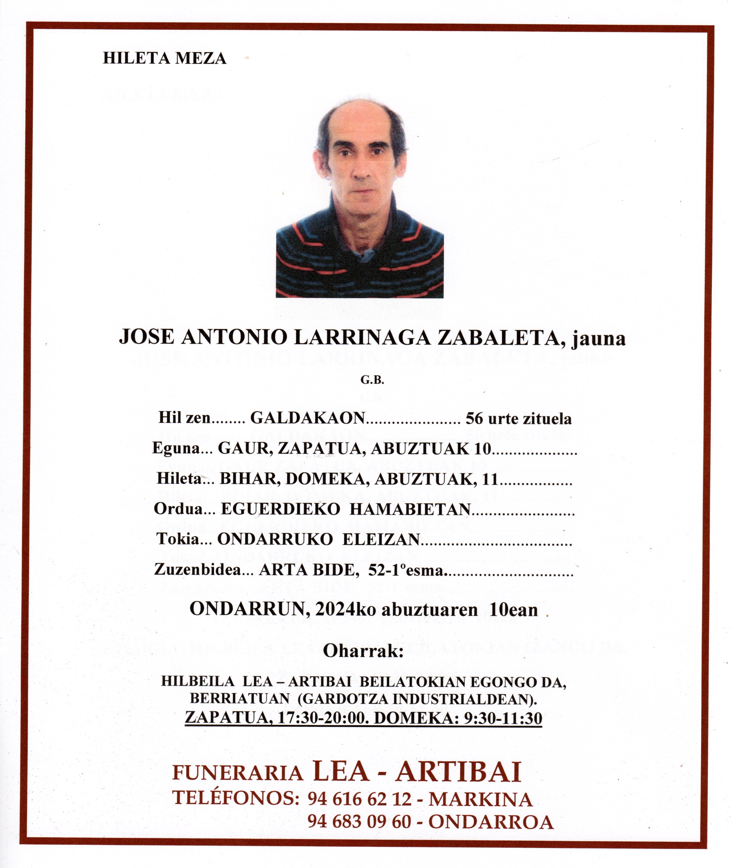 Esquela de Jose Antonio Larrinaga Zabaleta