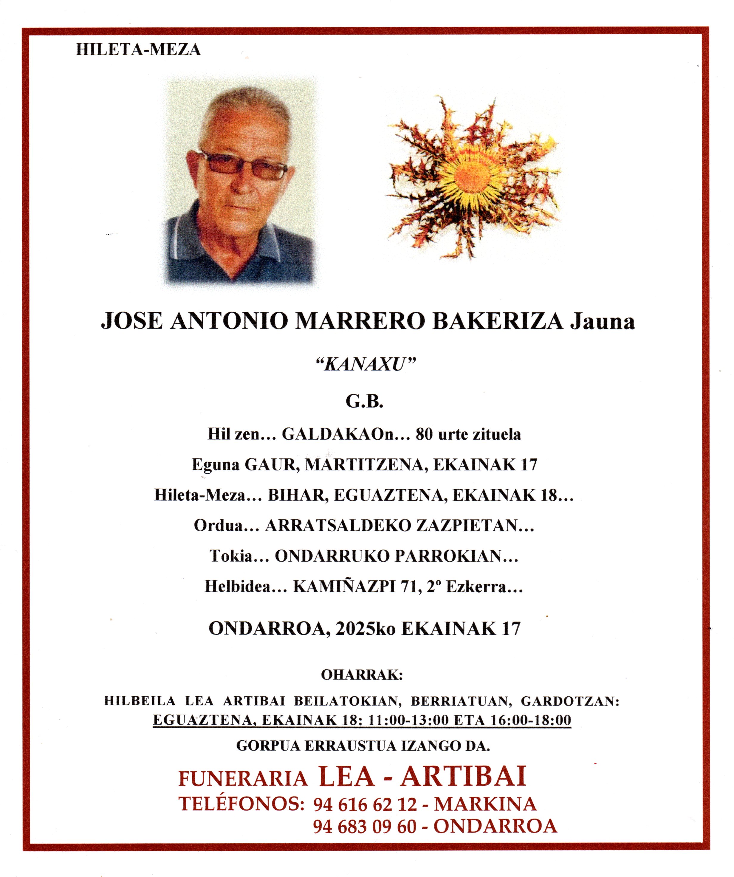Esquela de Jose Antonio Marrero Bakeriza