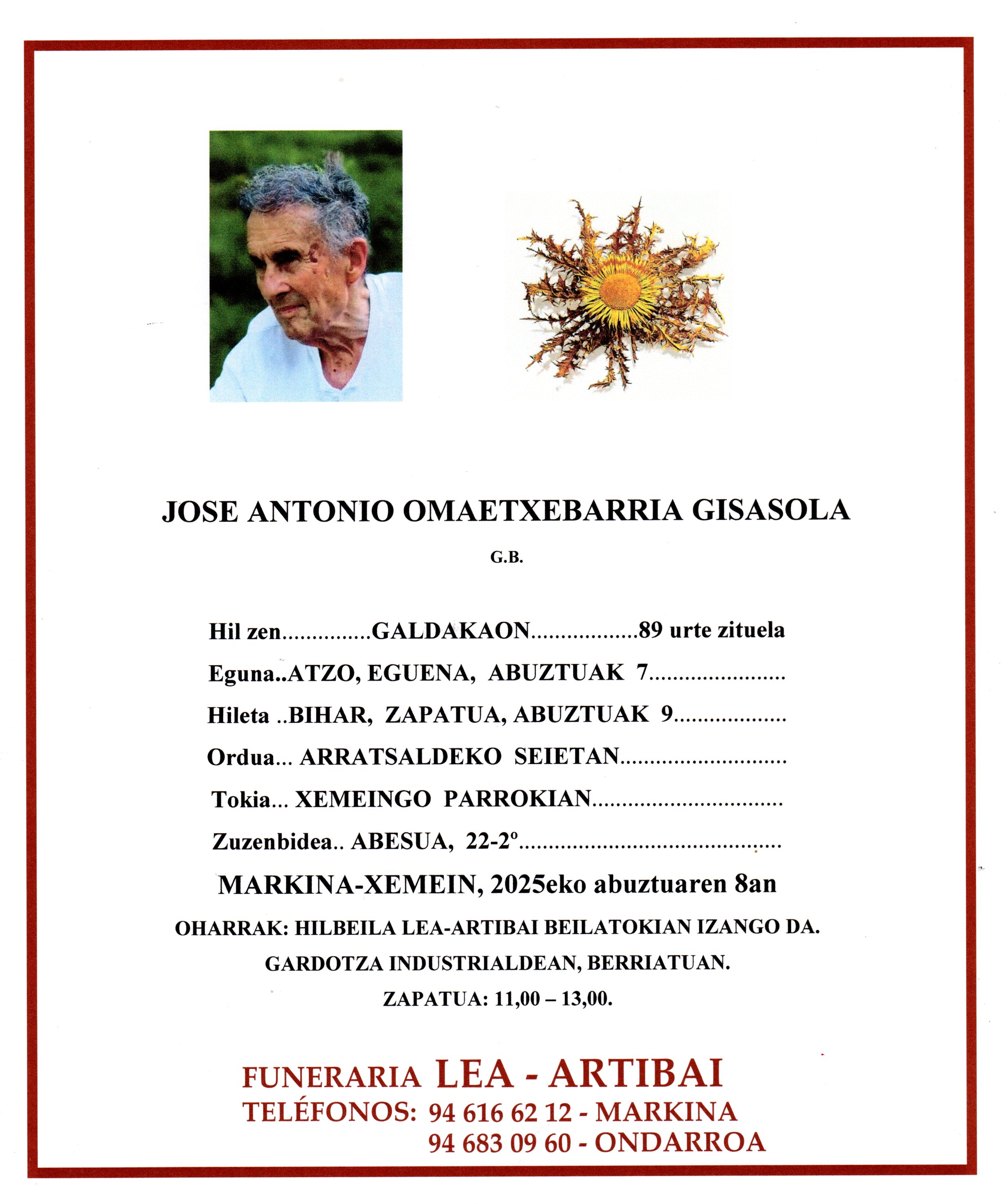 Esquela de Jose Antonio Omaetxebarria Gisasola