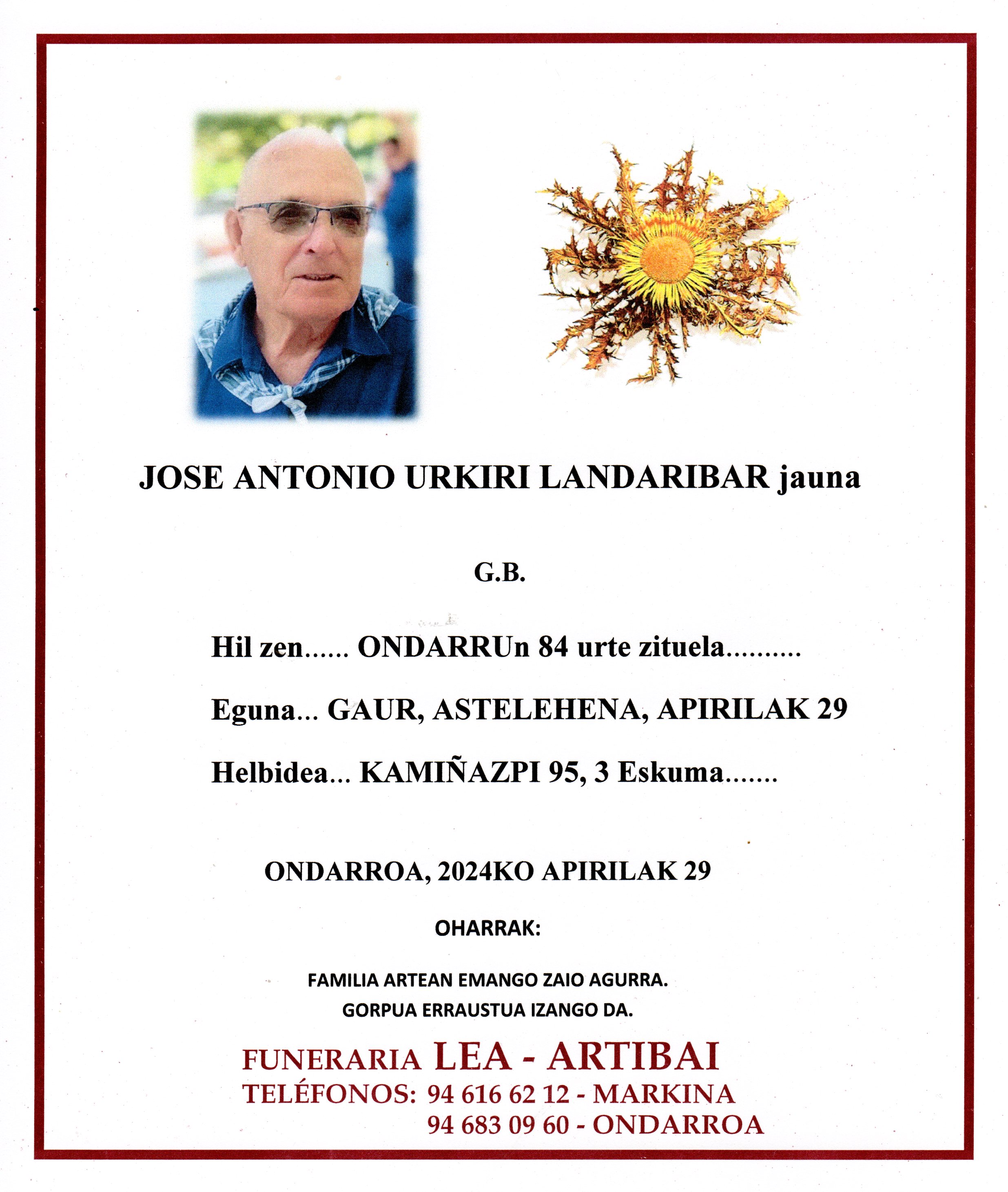 Esquela de Jose Antonio Urkiri Landaribar