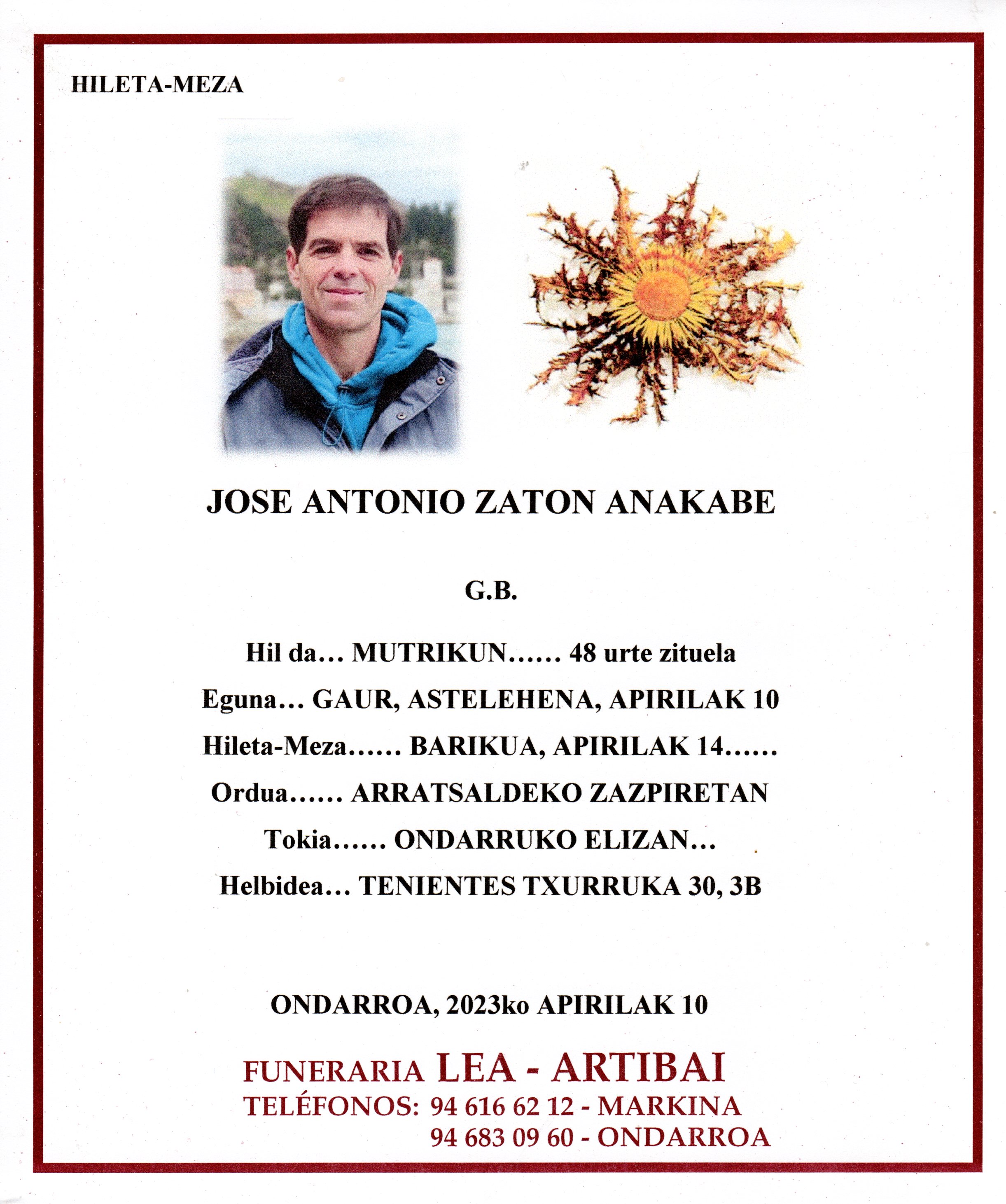 Esquela de Jose Antonio Zaton Anakabe