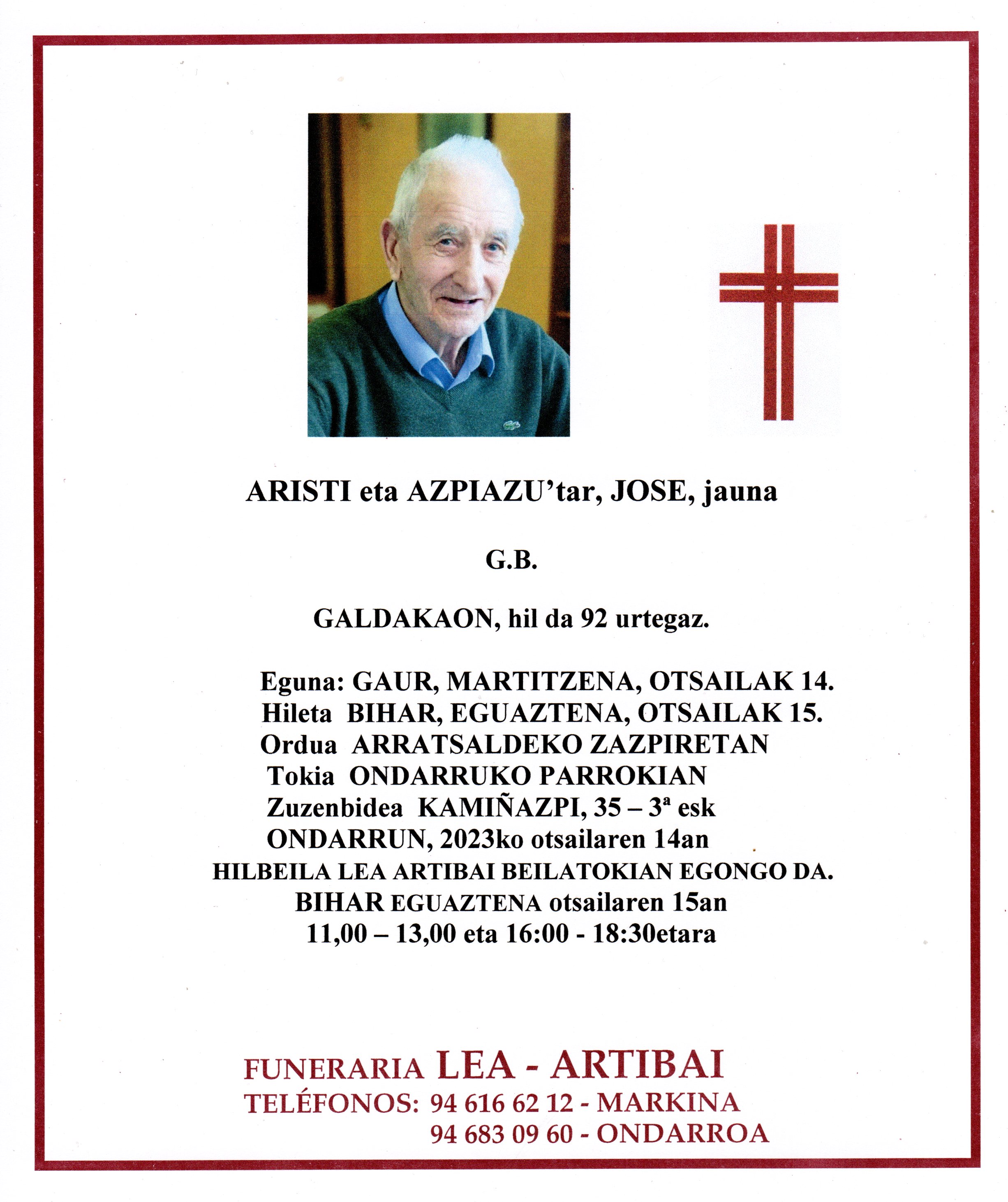 Esquela de Jose Aristi Azpiazu