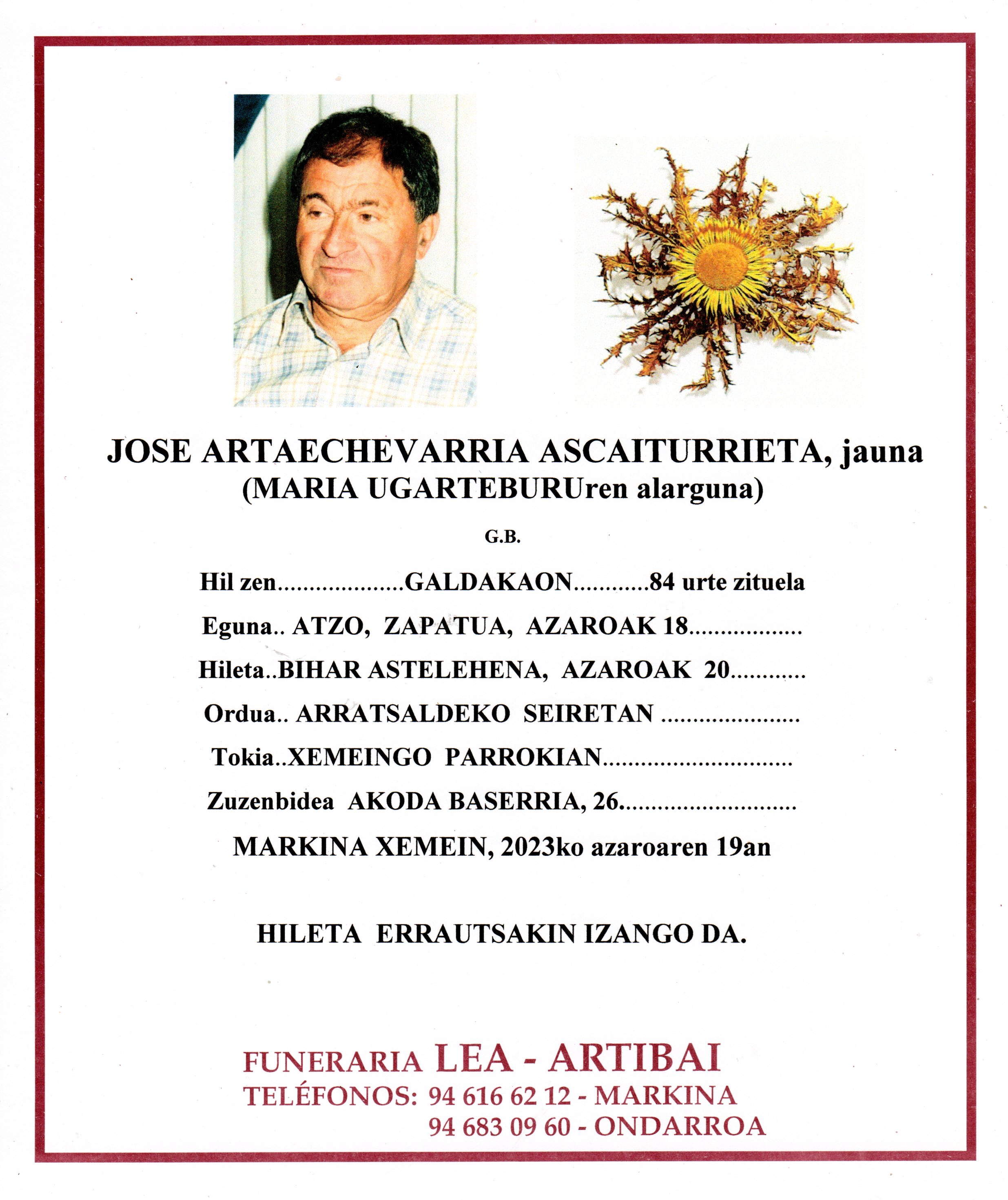 Esquela de Jose Artaechevarria Ascaiturrieta