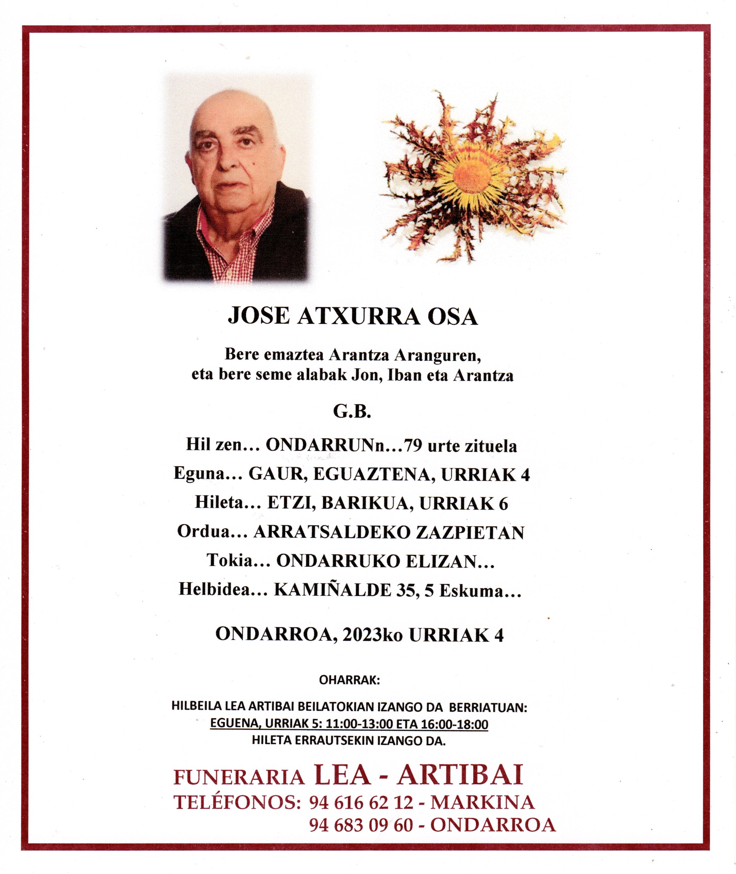 Esquela de Jose Atxurra Osa