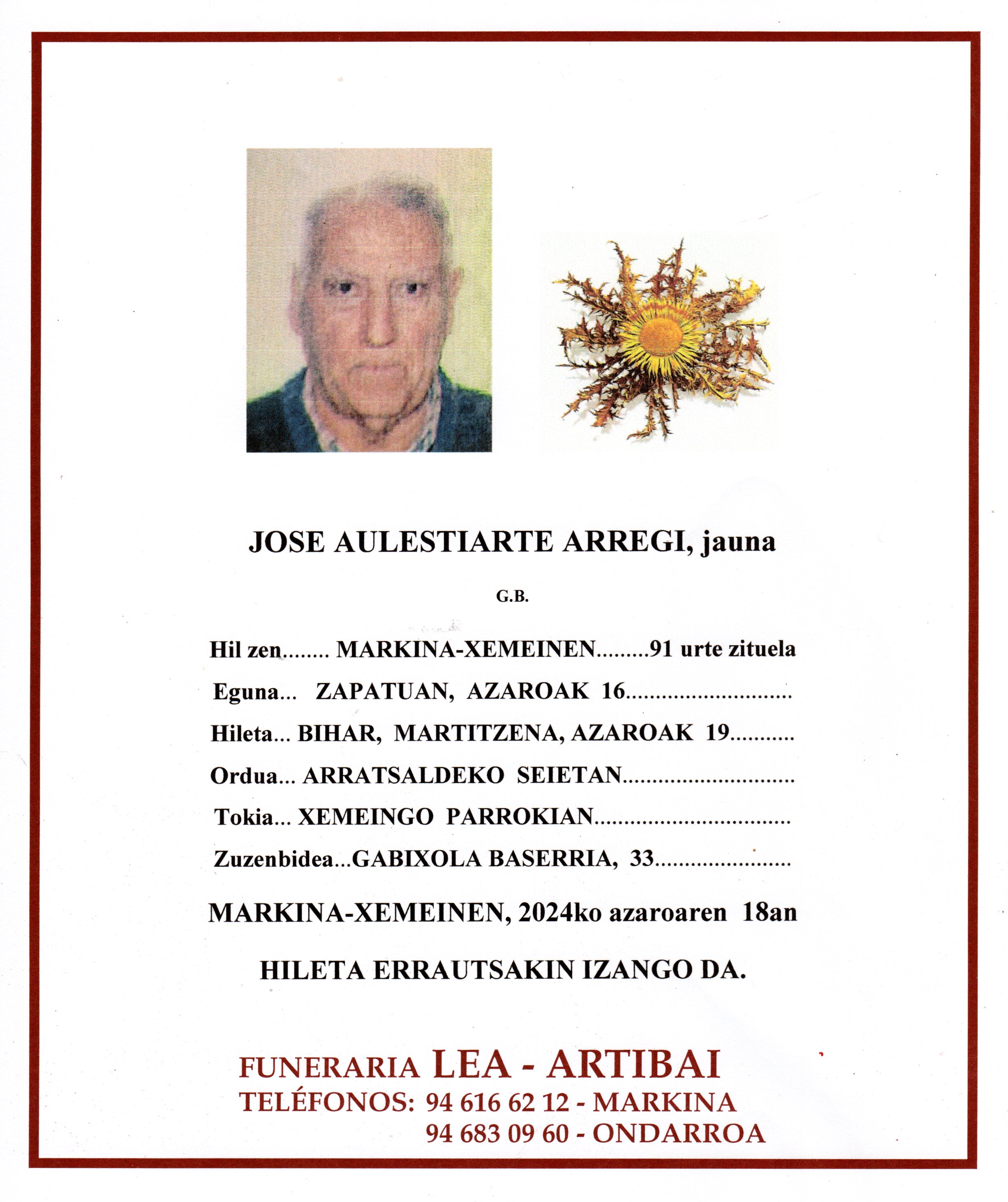 Esquela de Jose Aulestiarte Arregui