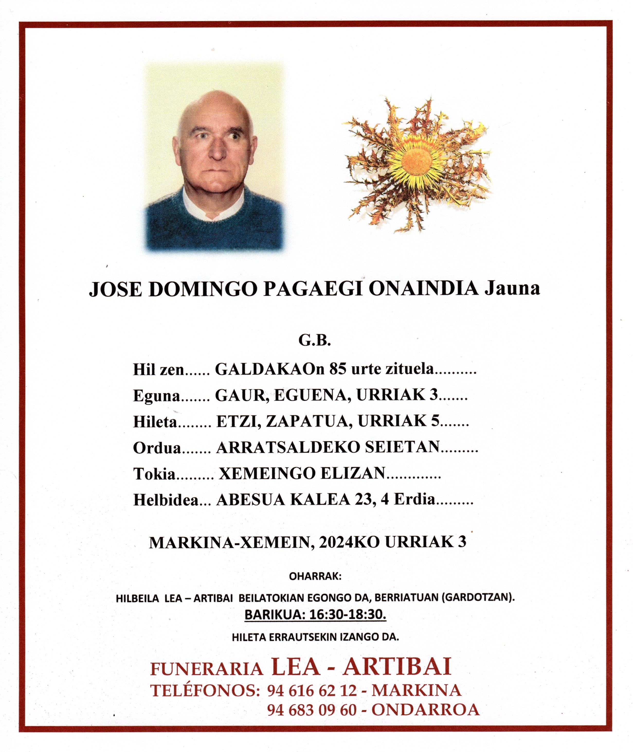 Esquela de Jose Domingo Pagaegi Onaindia
