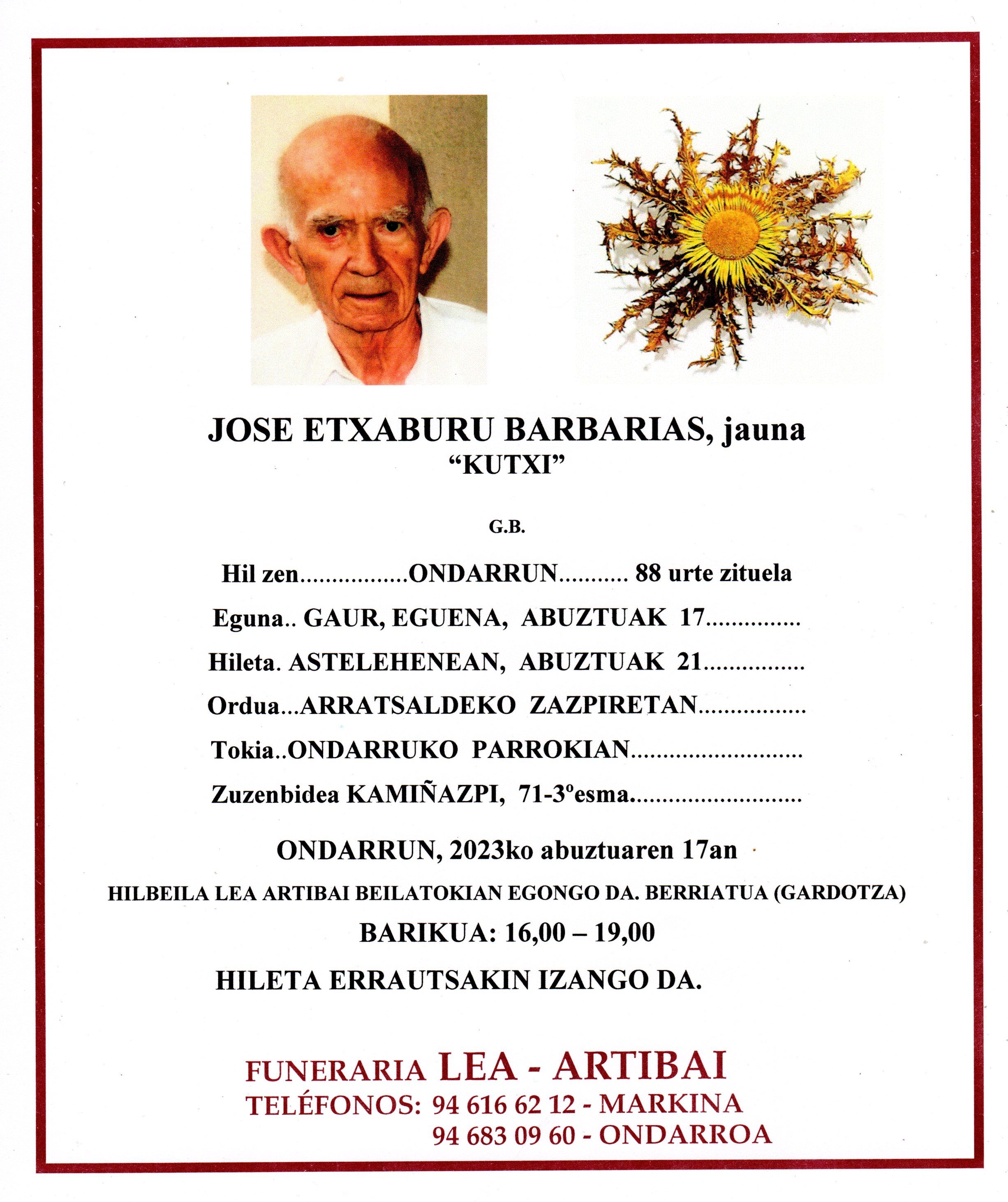 Esquela de Jose Etxaburu Barbarias