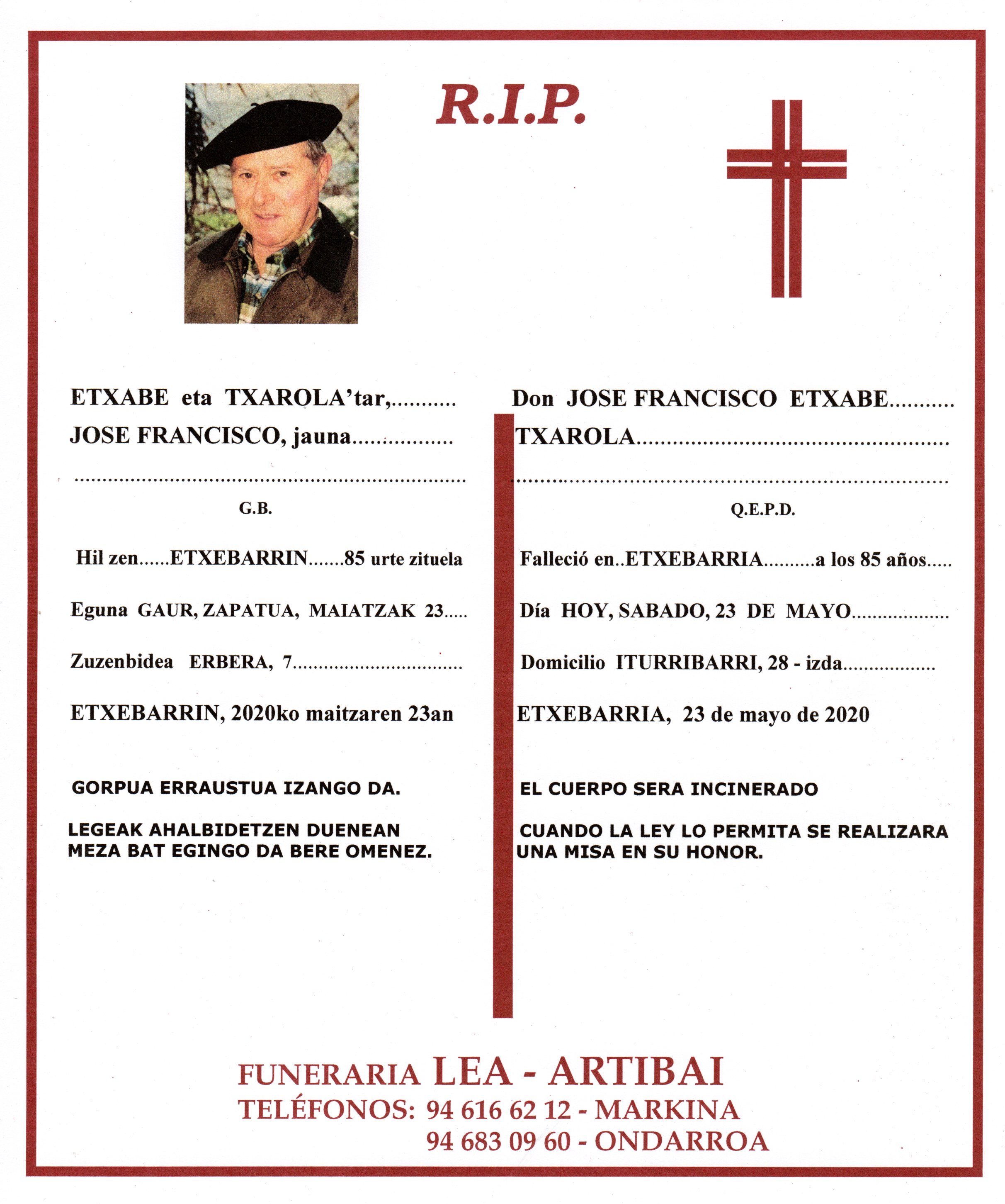 Esquela de Jose Francisco Etxabe Txarola