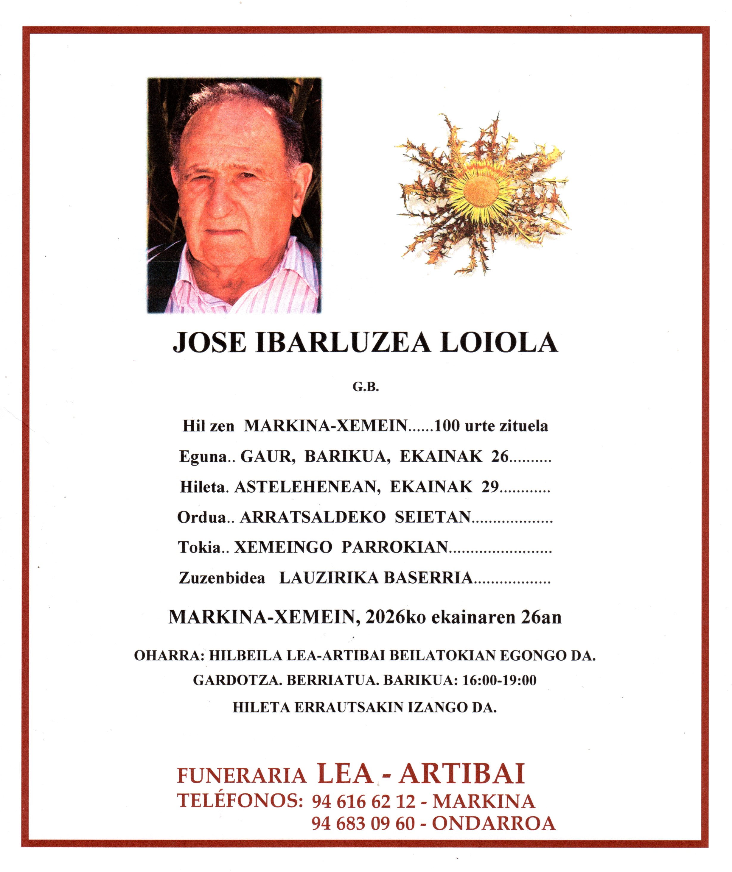 Esquela de Jose Ibarluzea Loiola