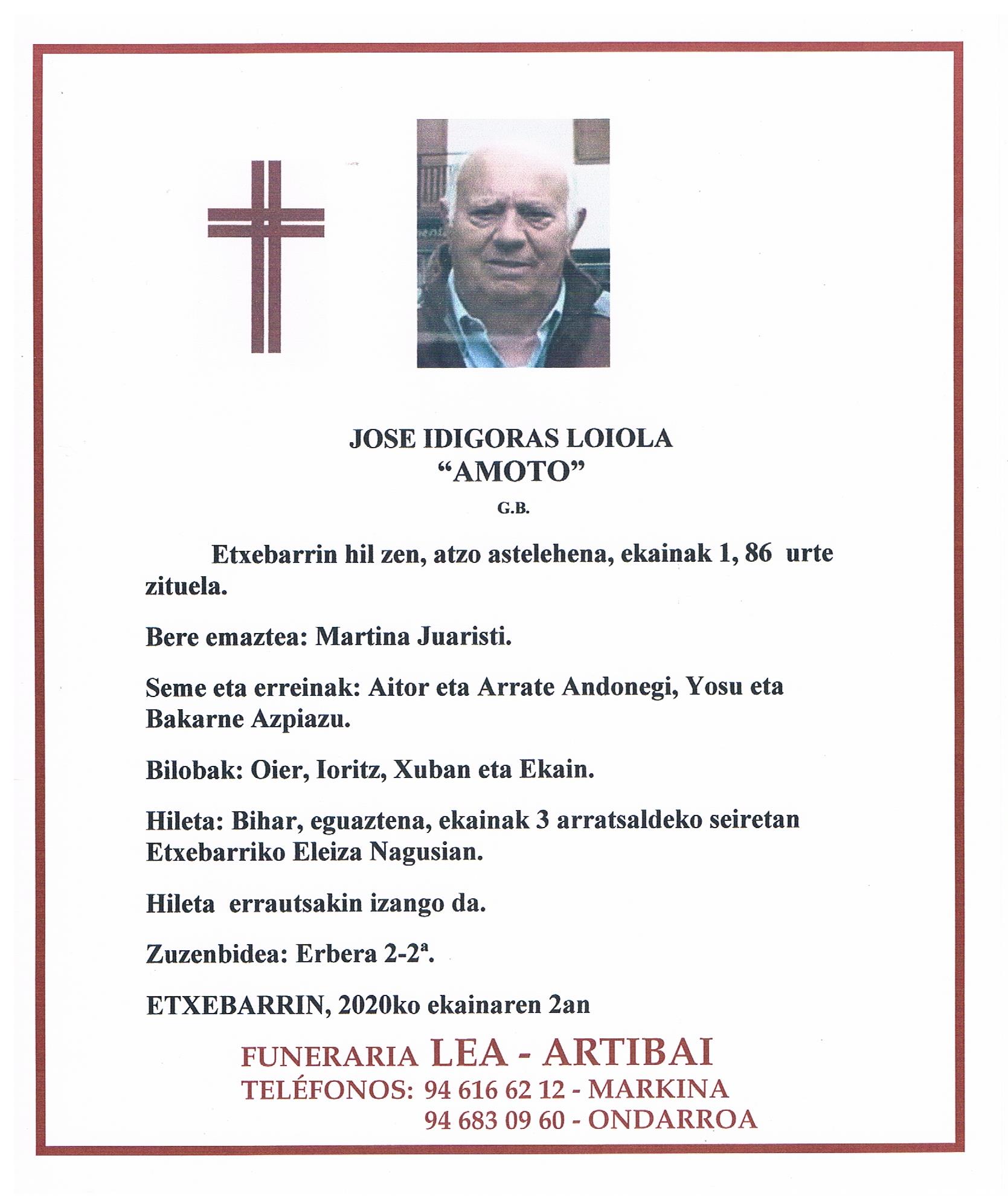 Esquela de Jose Idigoras Loyola «Amoto»
