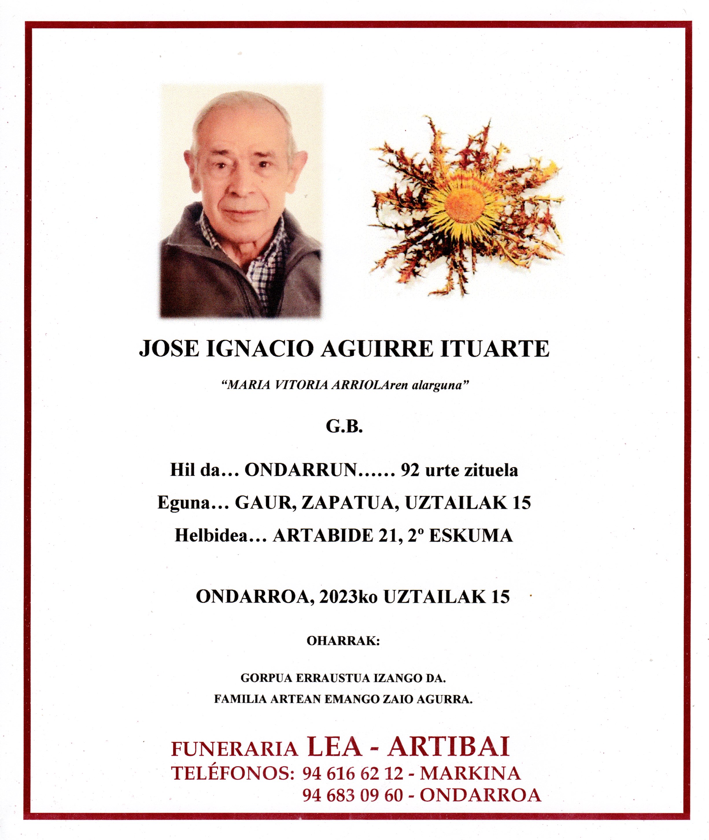 Esquela de Jose Ignacio Agirre Ituarte