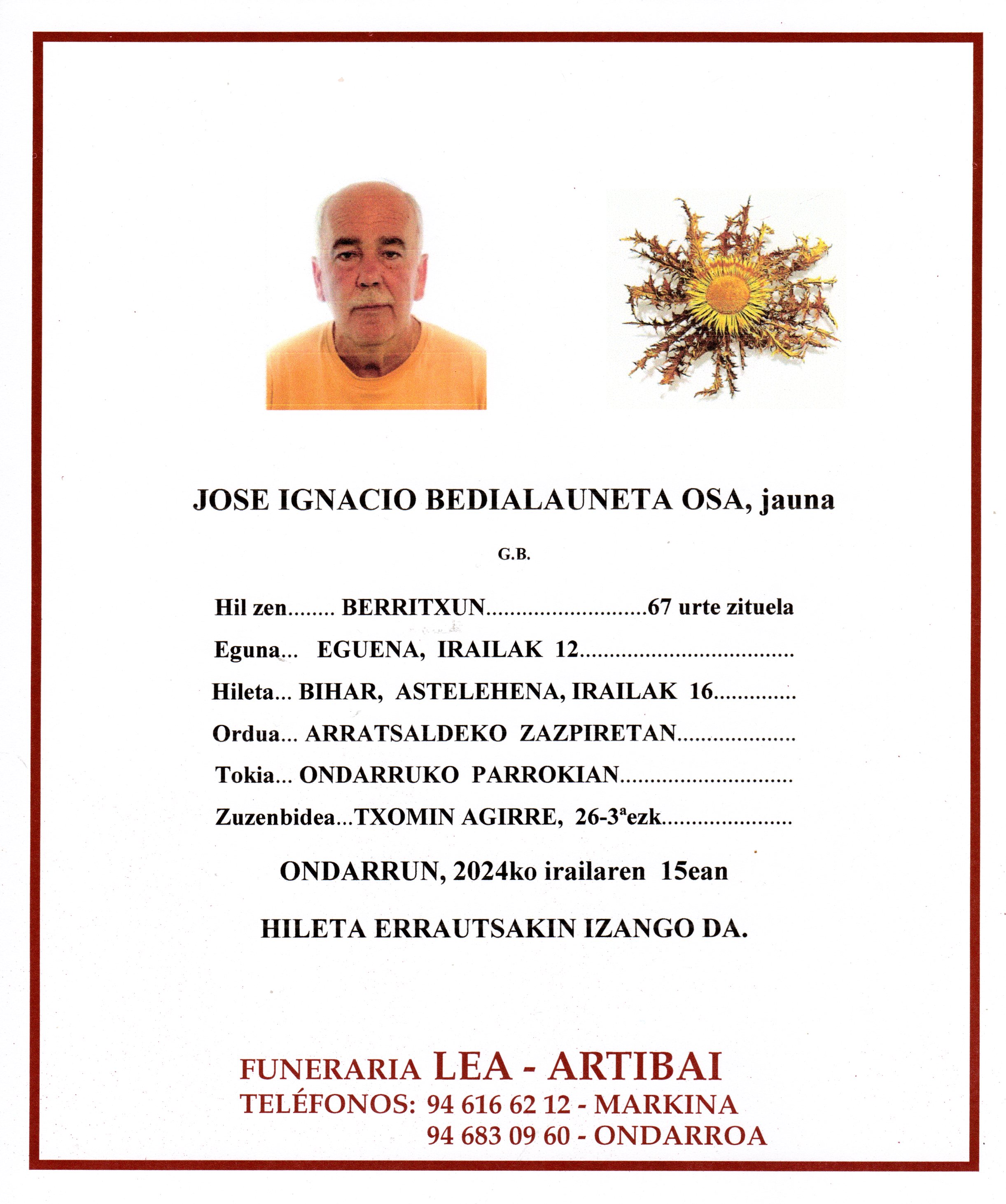 Esquela de Jose Ignacio Bedialauneta Osa