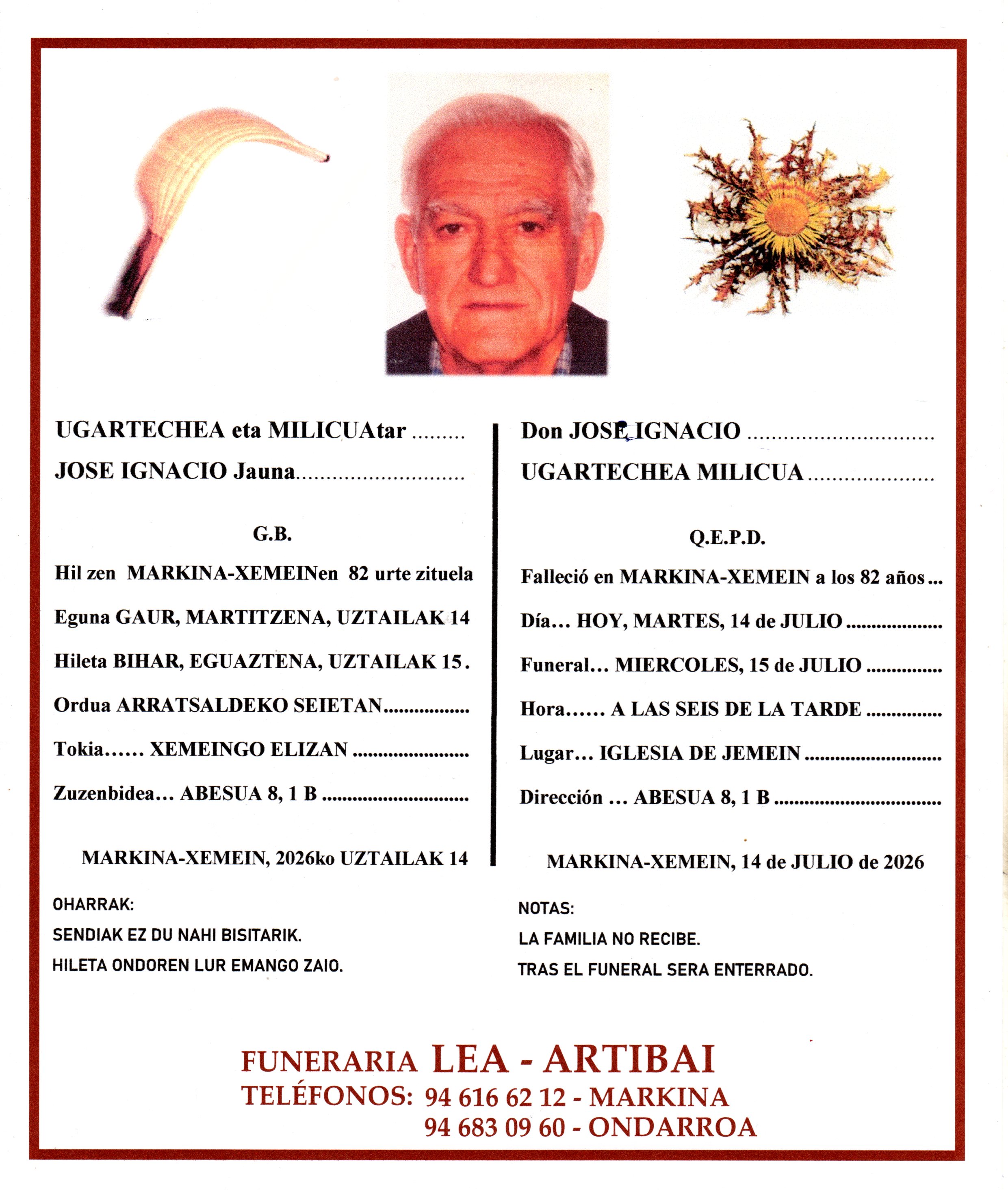 Esquela de Jose Ignacio Ugartechea Milicua