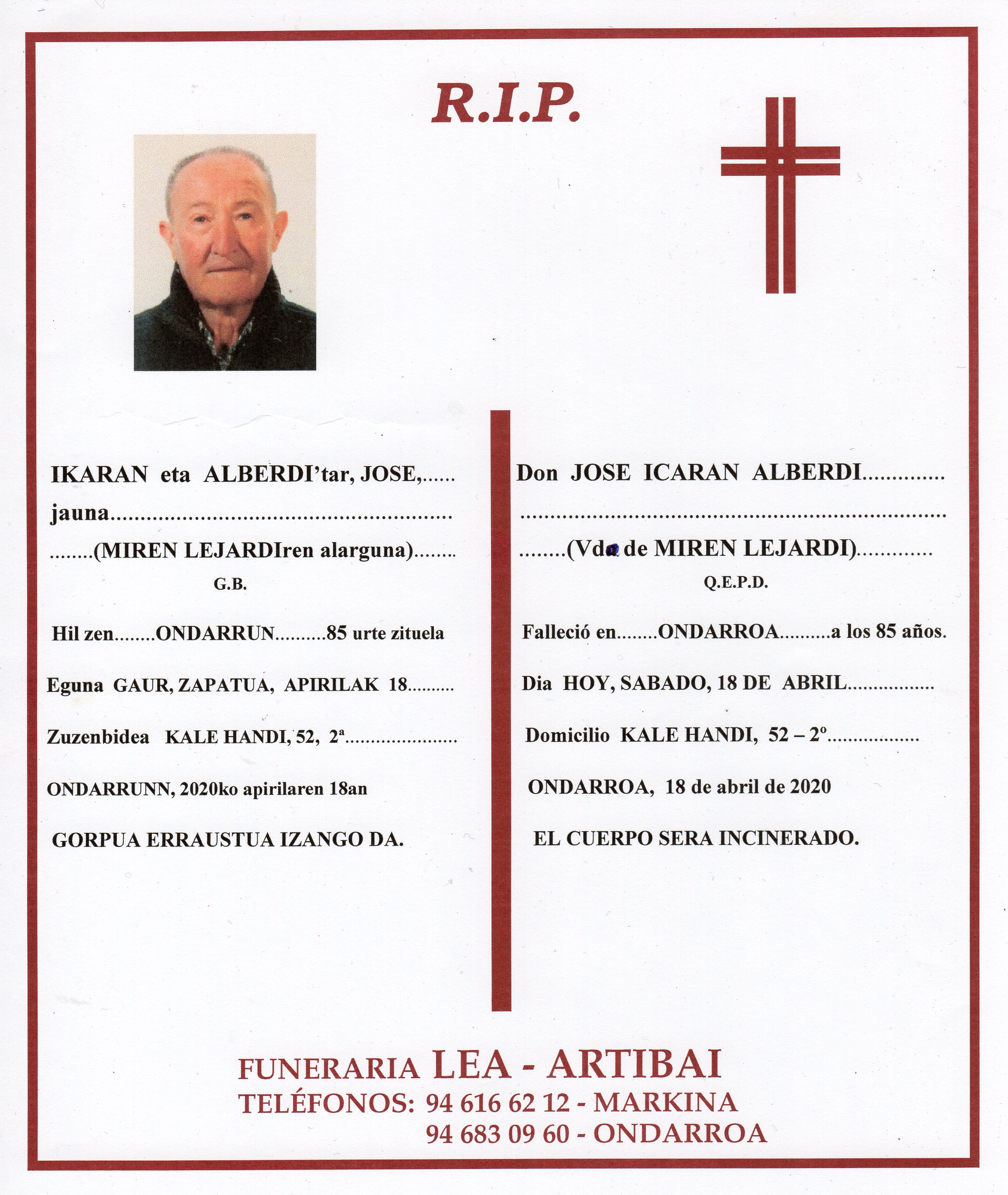 Esquela de Jose Ikaran Alberdi