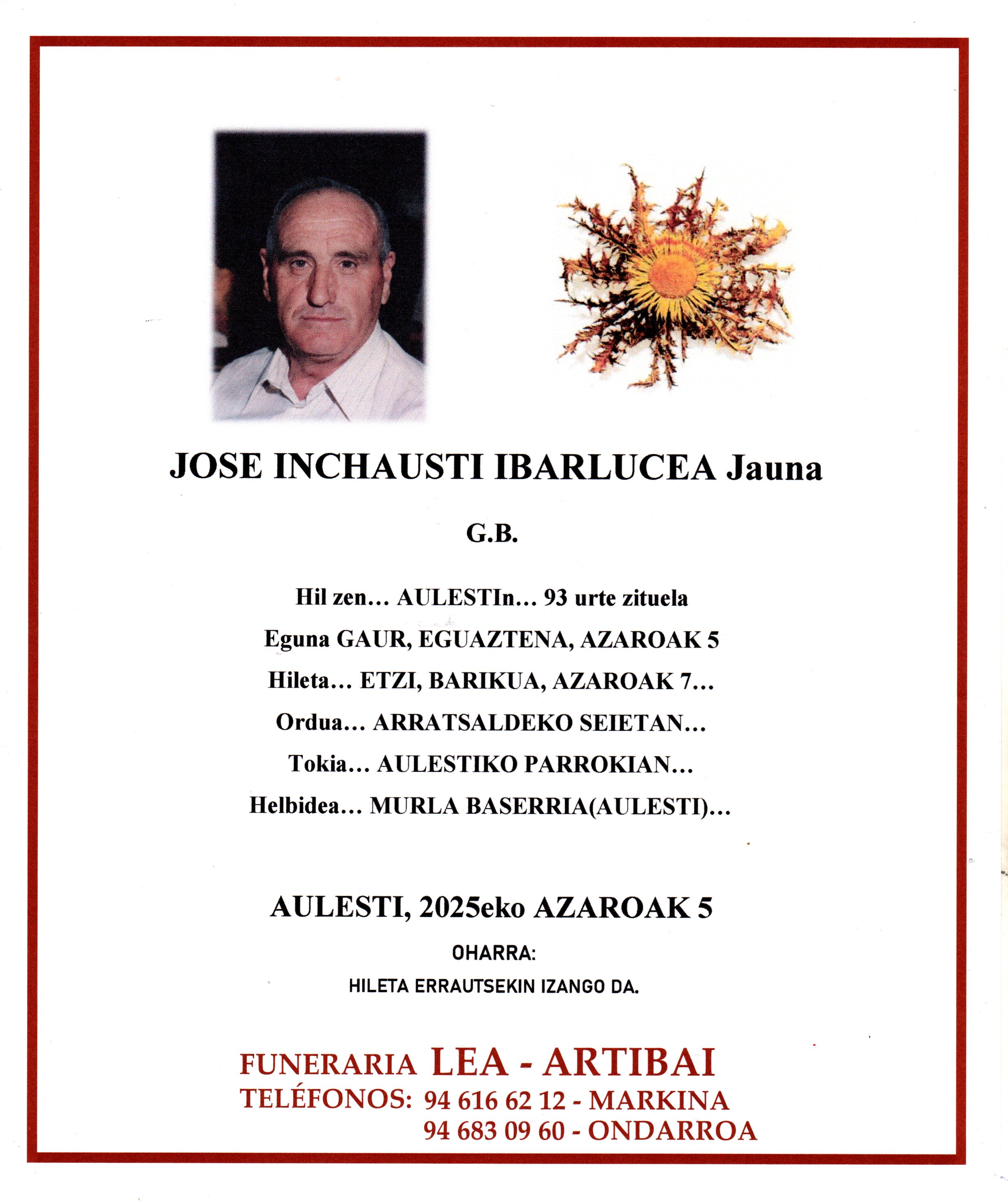 Esquela de Jose Inchausti Ibarlucea