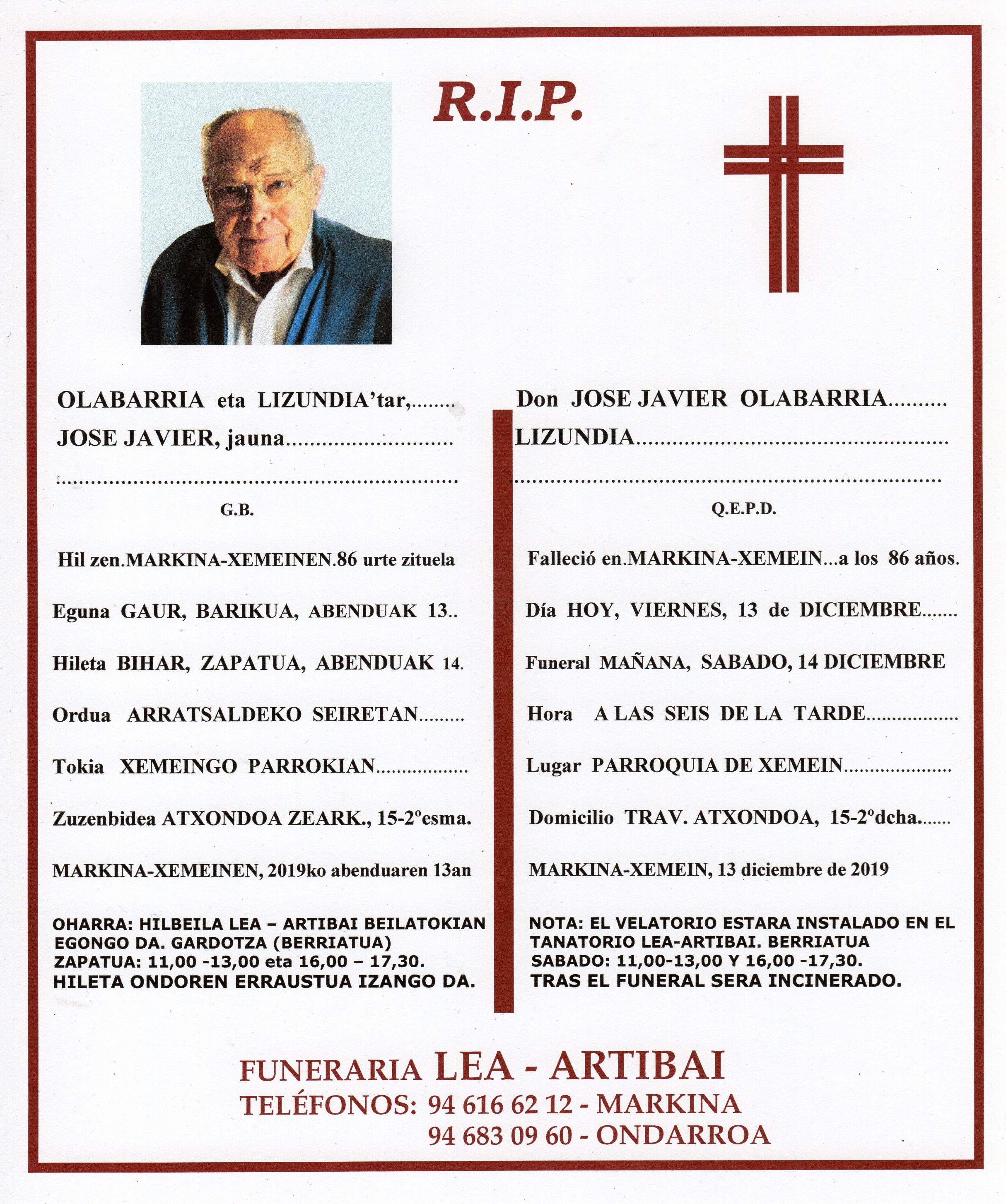 Esquela de Jose Javier Olabarria Lizundia