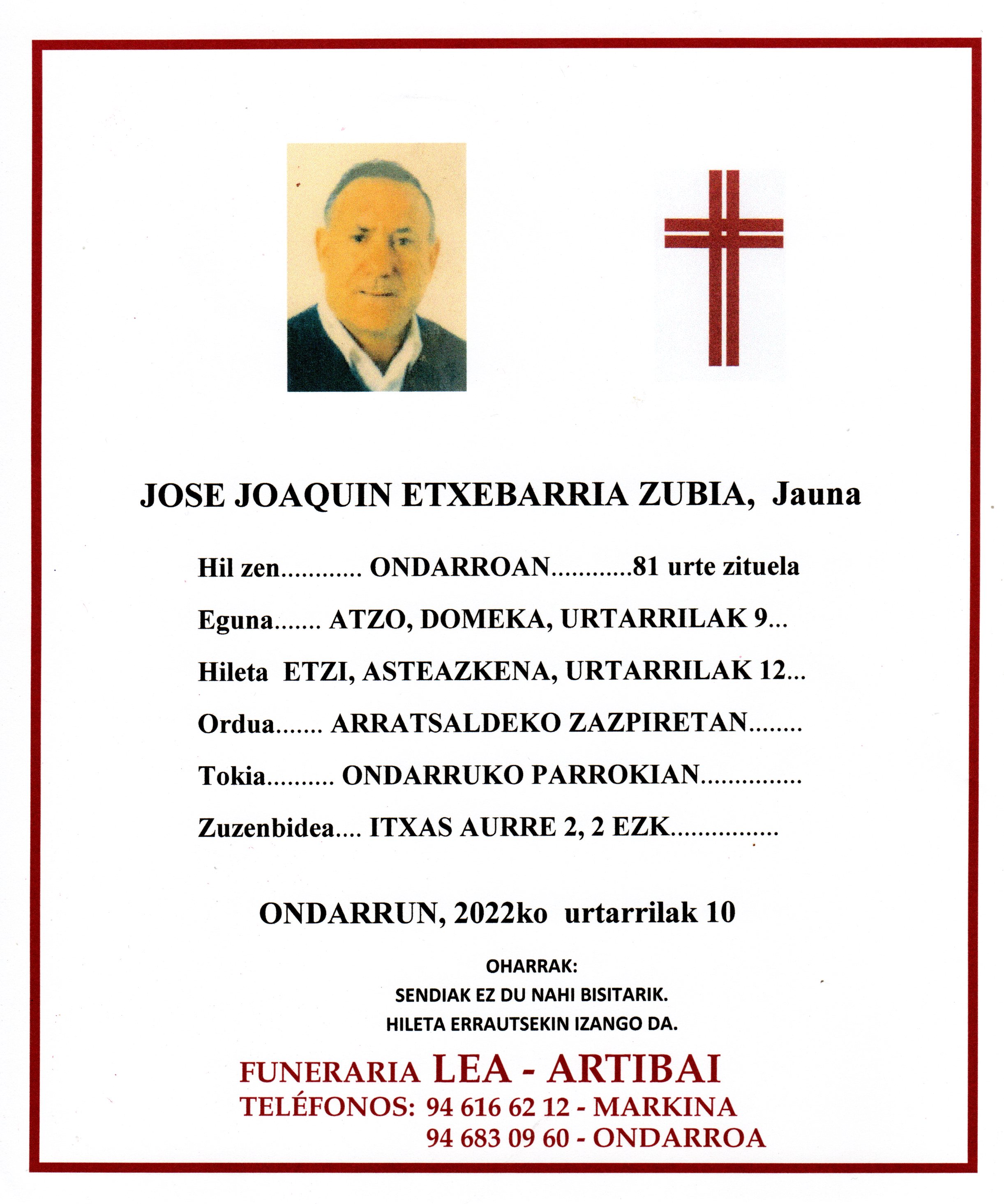 Esquela de Jose Joaquin Echevarria Zubia