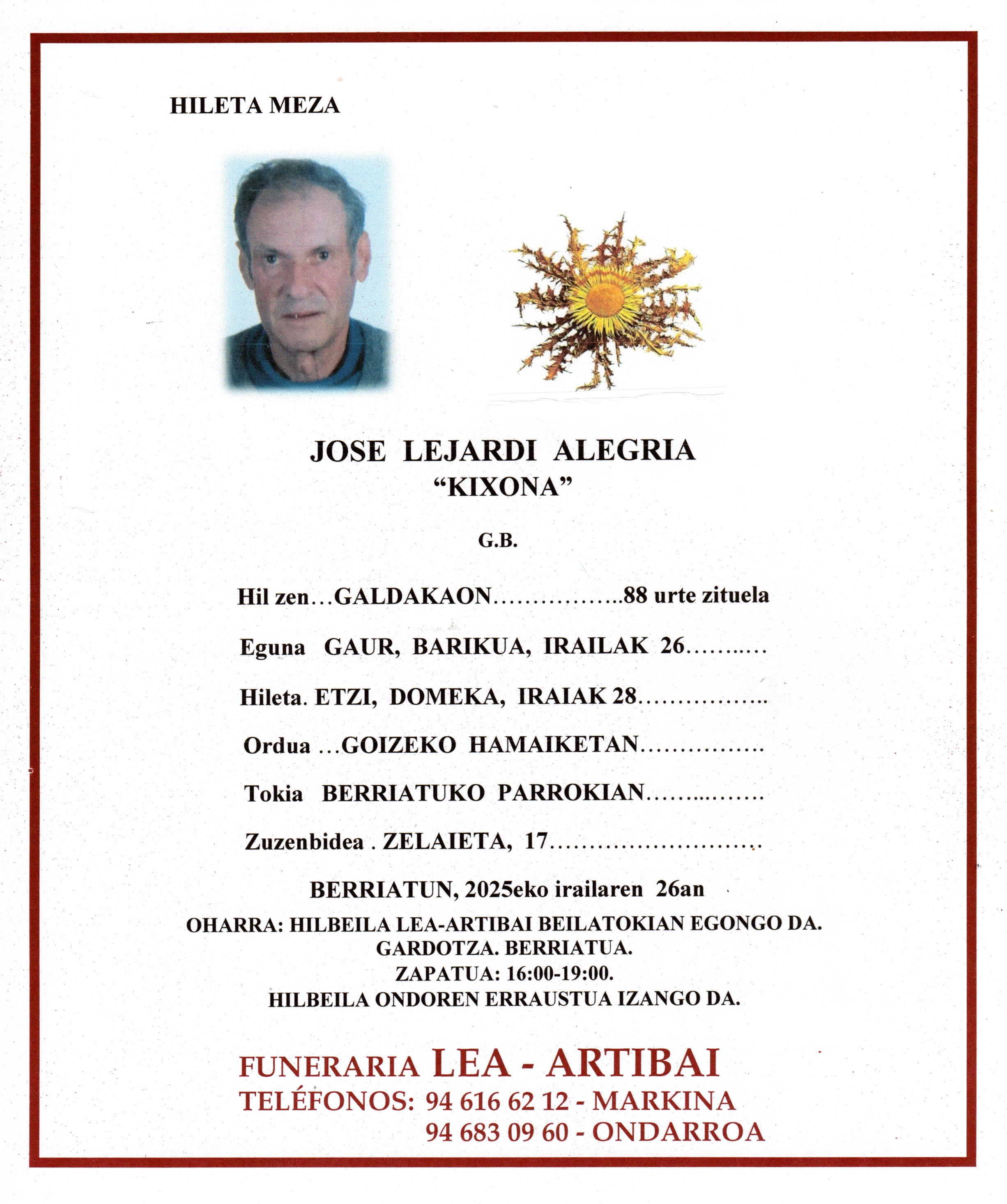 Esquela de Jose Lejardi Alegria