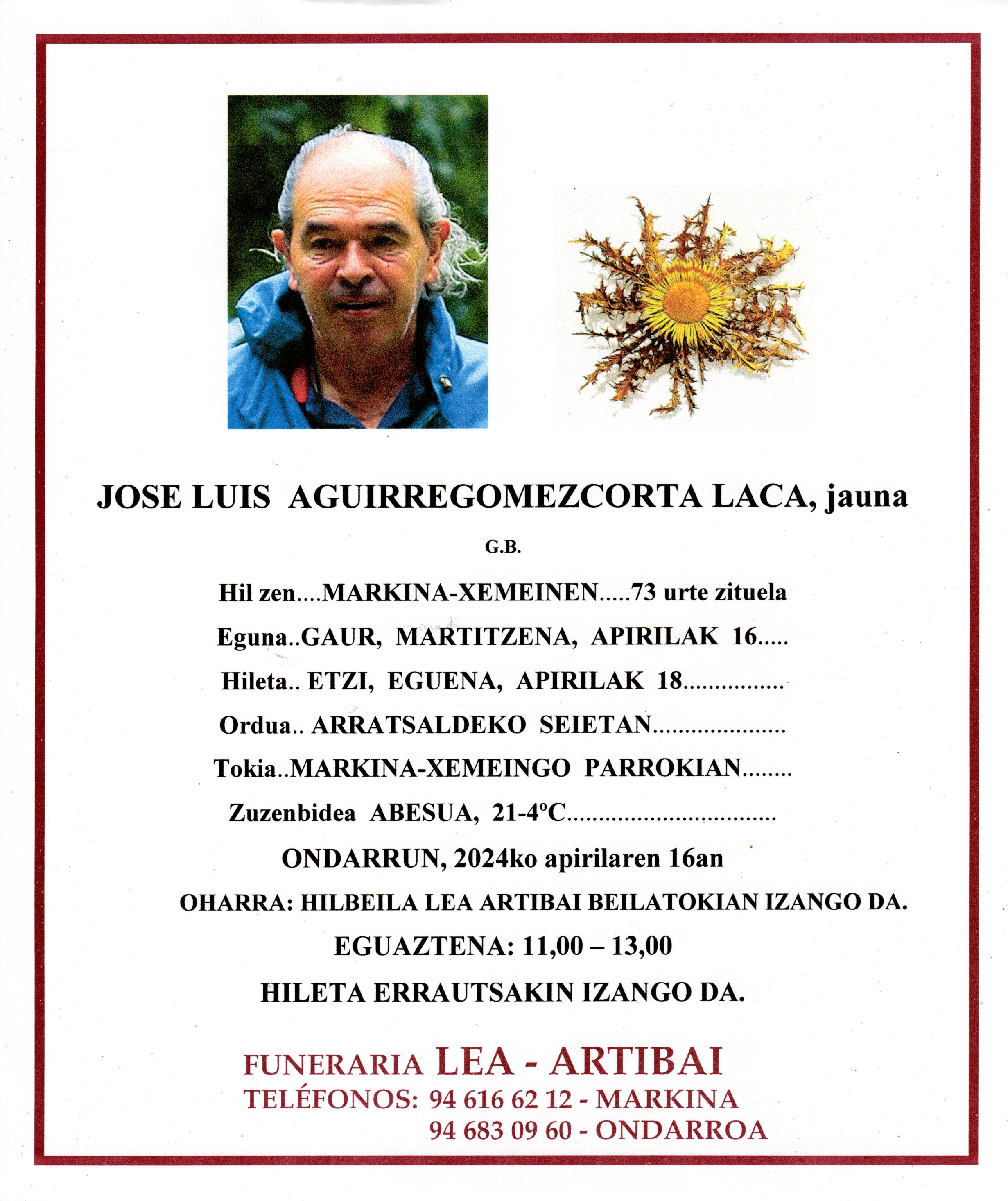 Esquela de Jose Luis Aguirregomezcorta Laca