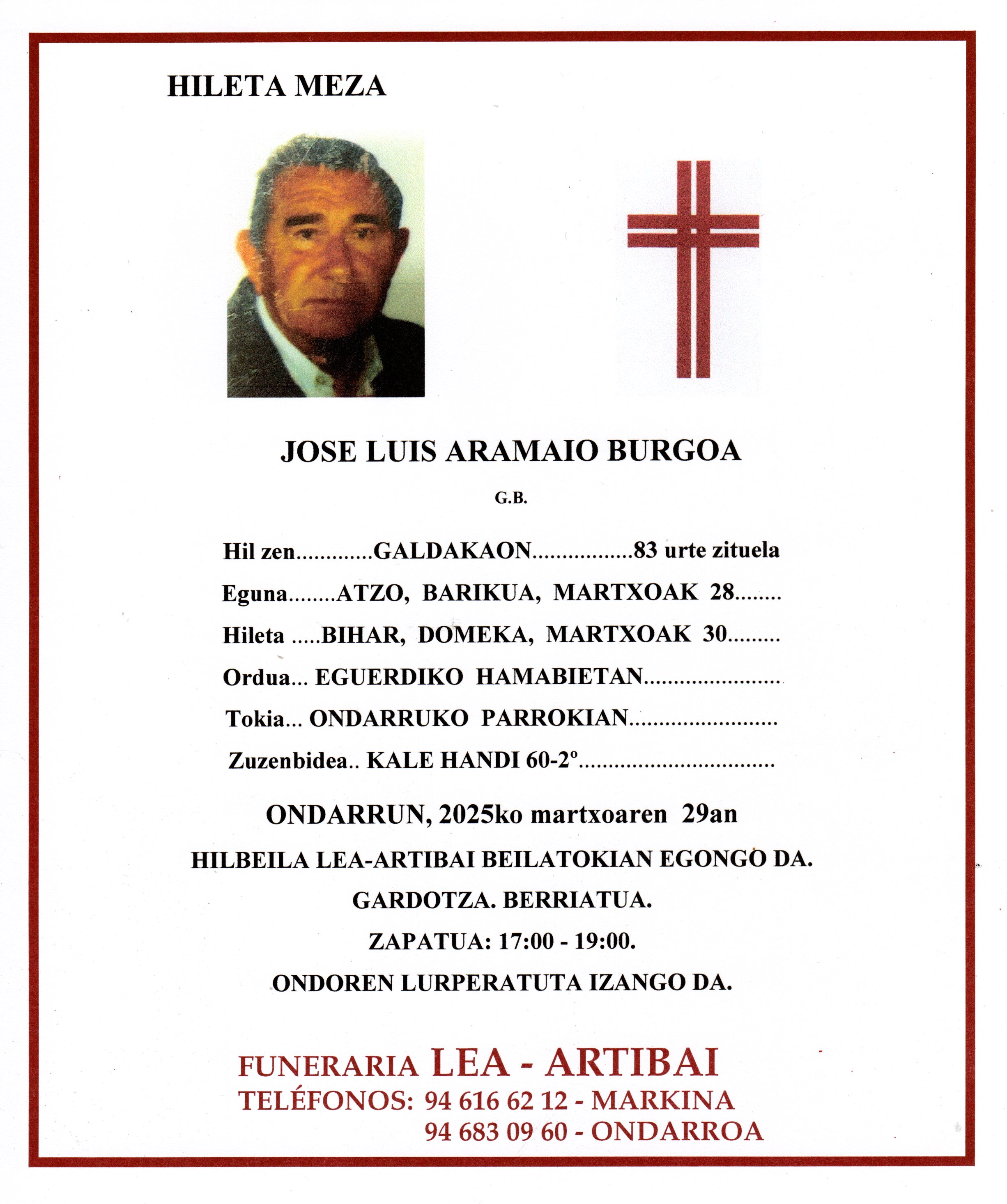 Esquela de Jose Luis Aramaio Burgoa