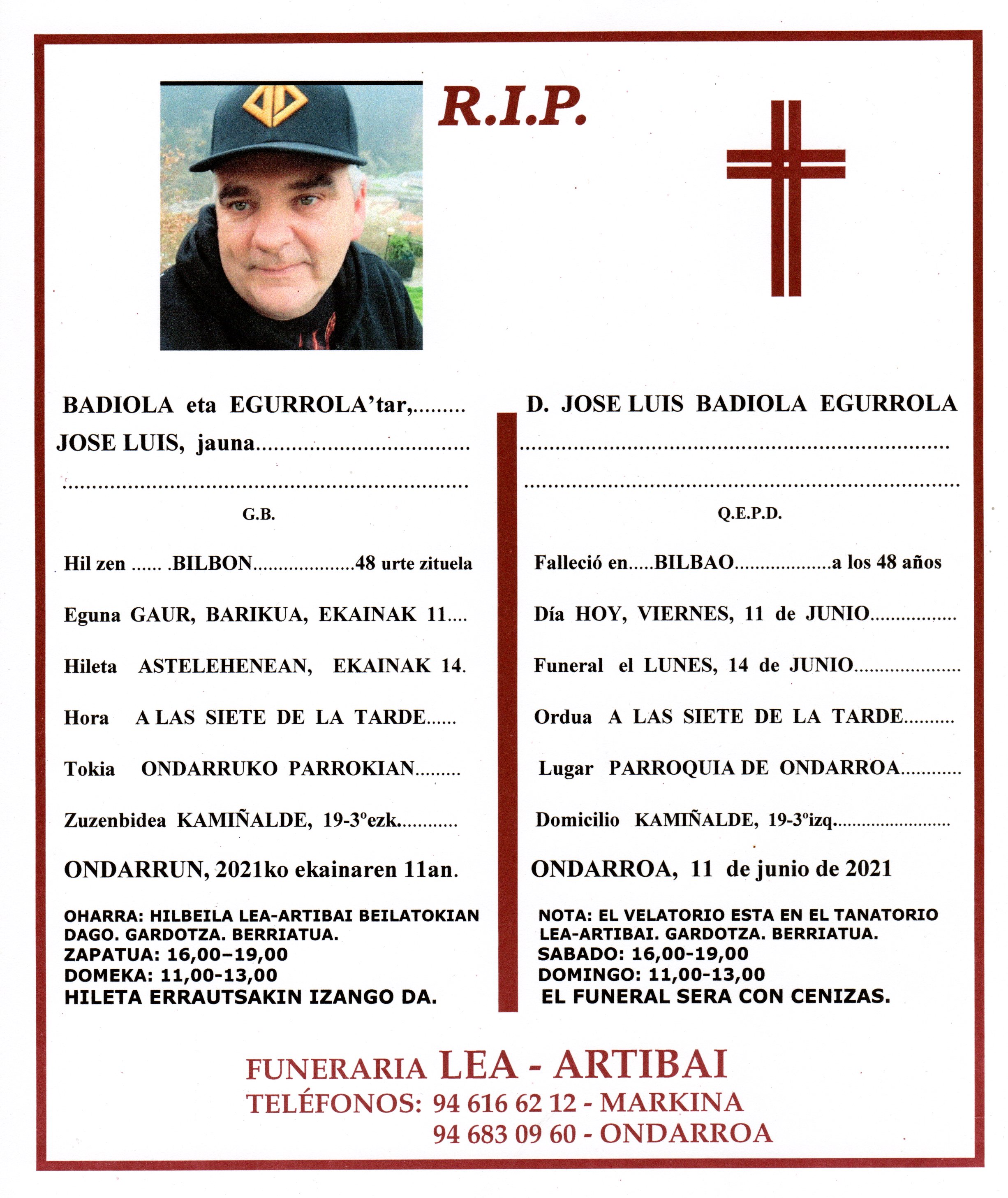 Esquela de Jose Luis Badiola Egurrola