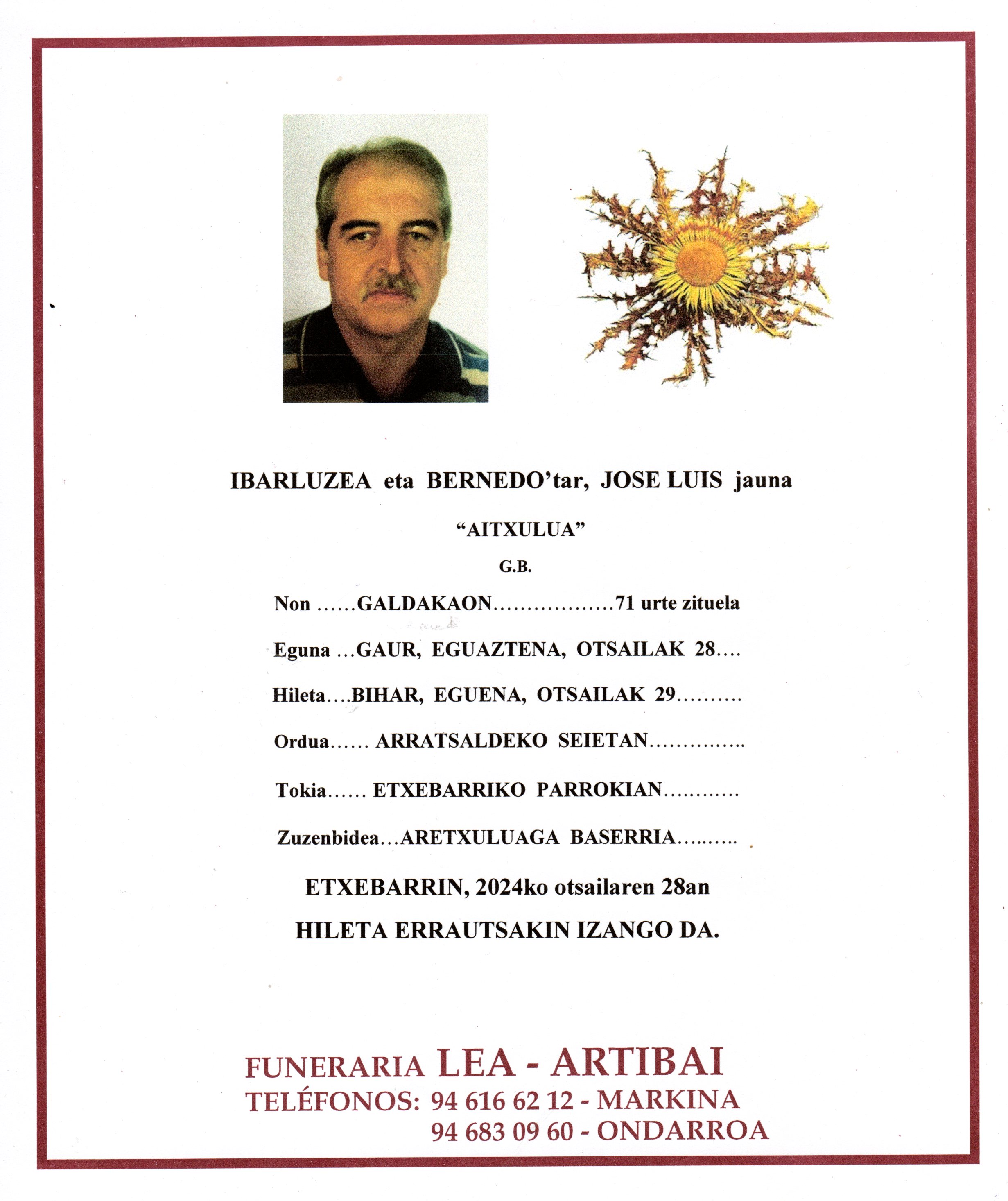Esquela de Jose Luis Ibarluzea Bernedo