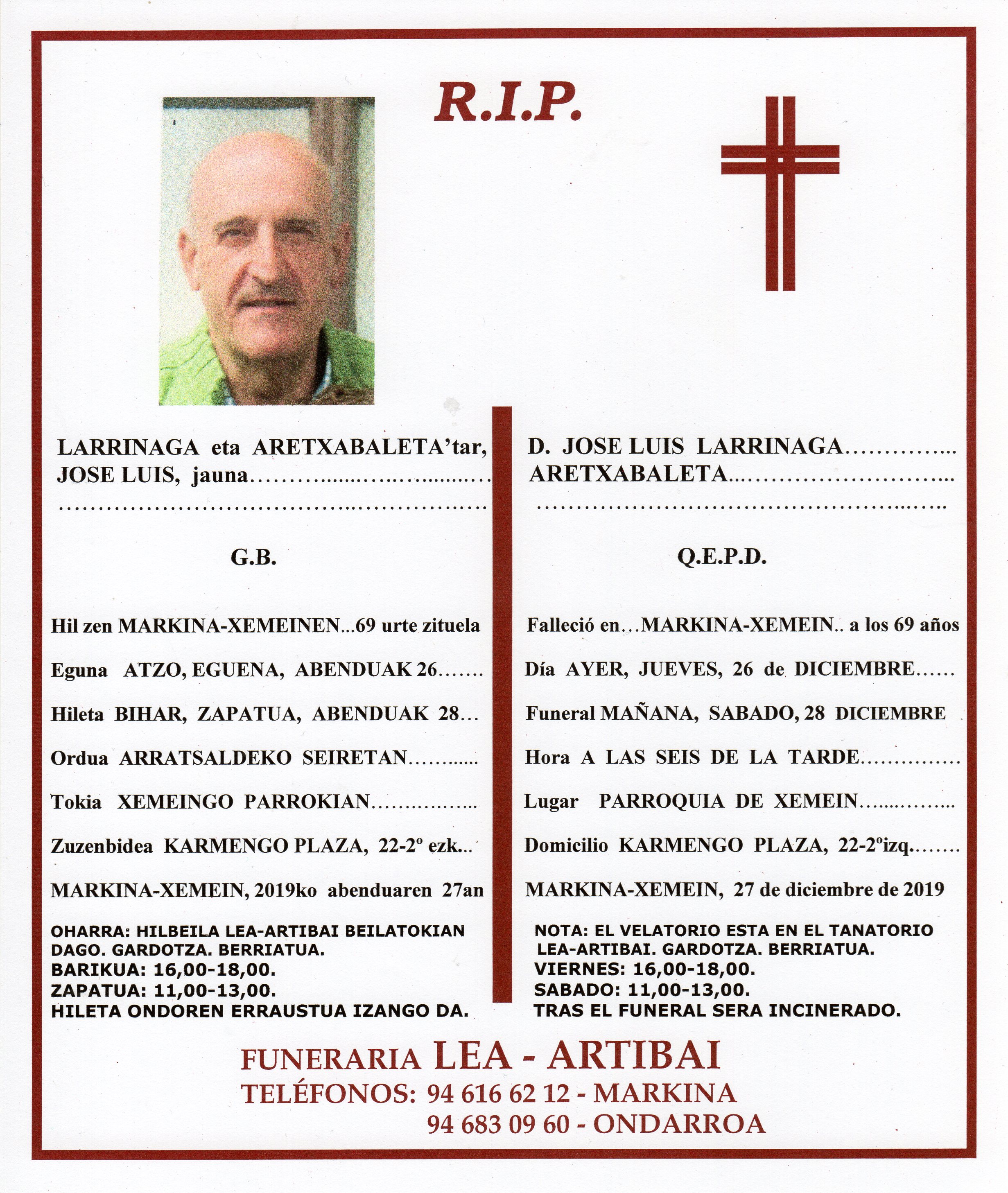 Esquela de Jose Luis Larrinaga Aretxabaleta