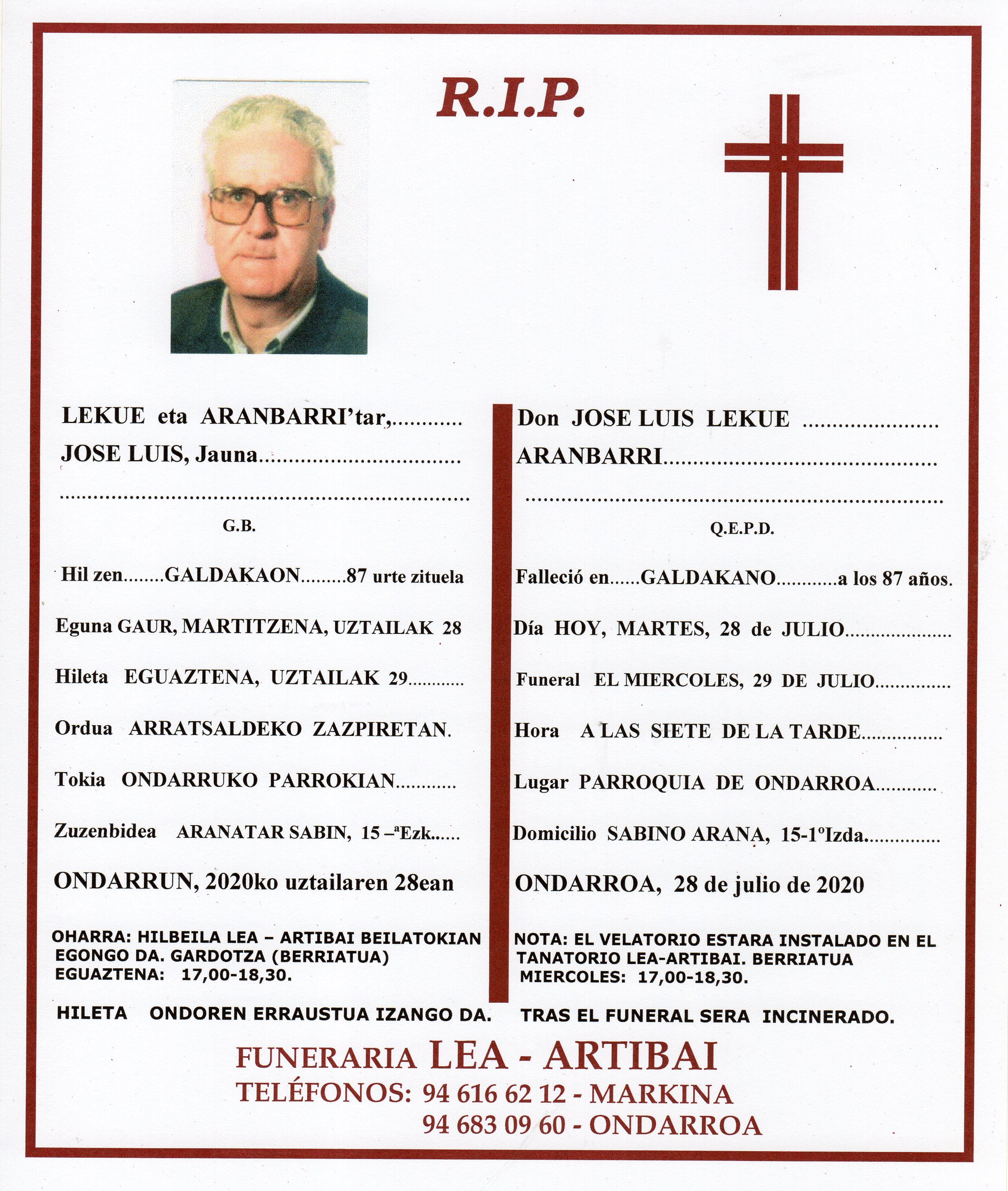 Esquela de Jose Lus Lekue Aranbarri