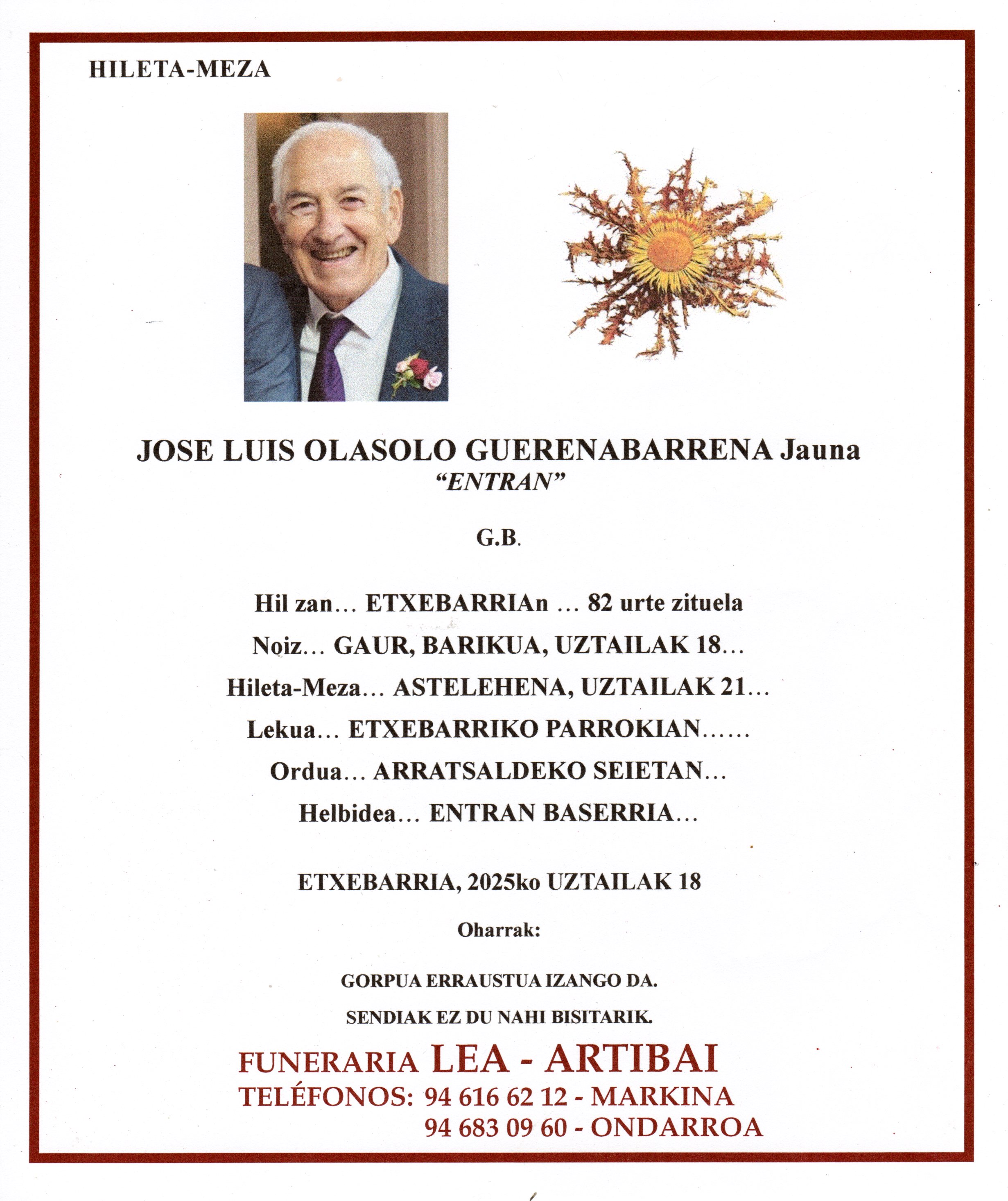 Esquela de Jose Luis Olasolo Guerenabarrena