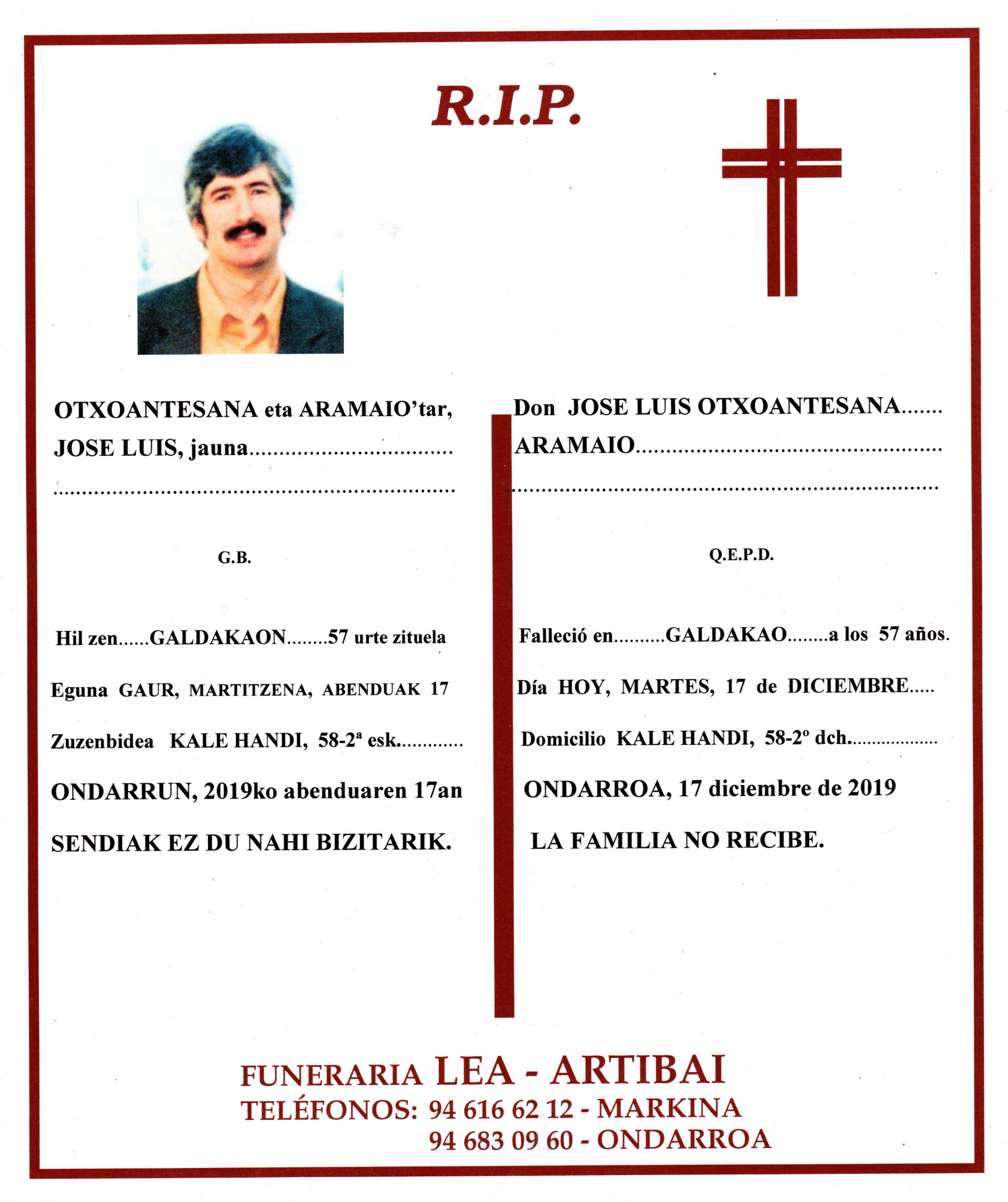 Esquela de Jose Luis Otxoantesana Aramaio