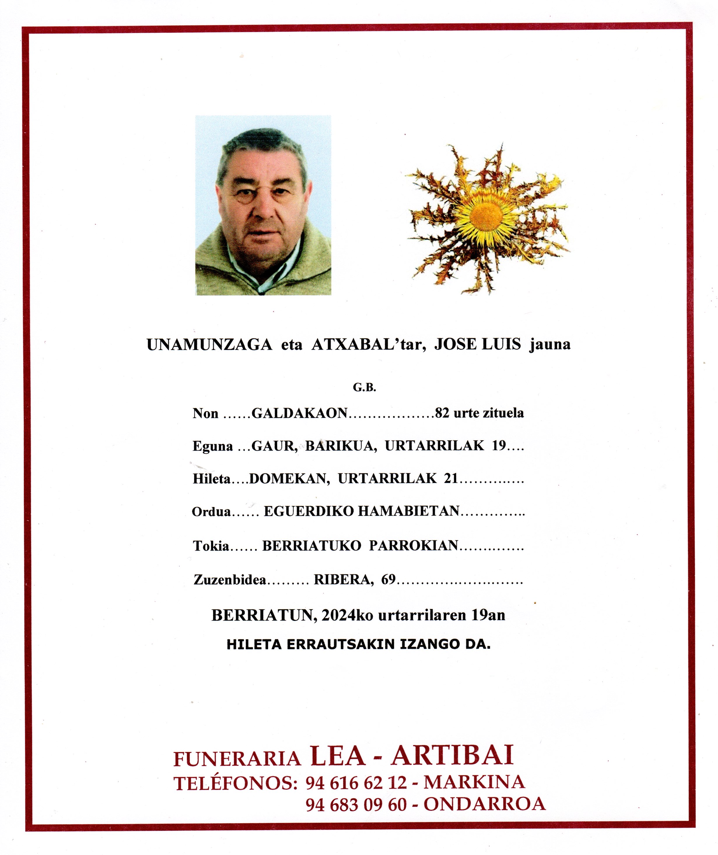 Esquela de Jose Luis Unamunzaga Atxabal