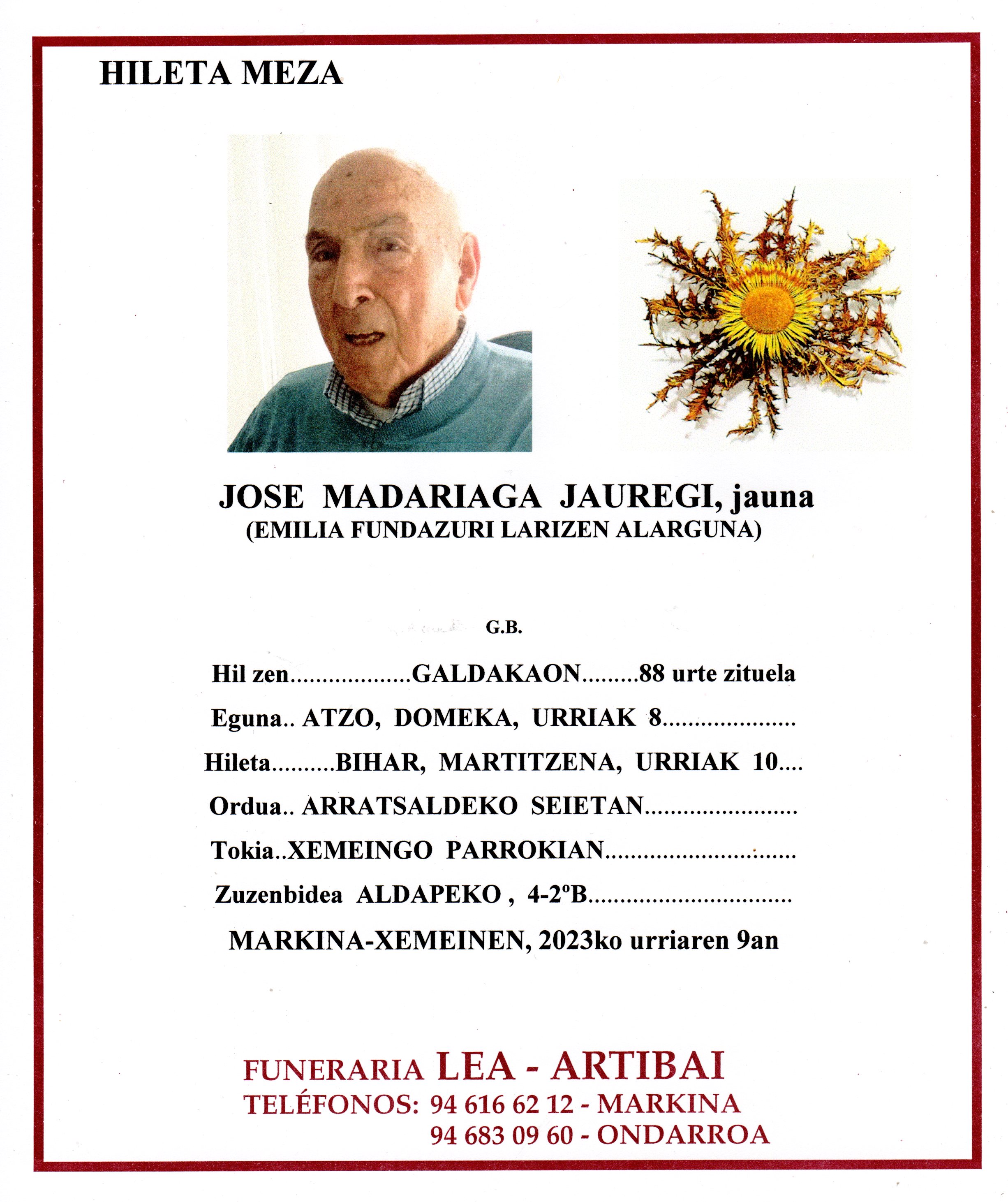 Esquela de Jose Madariaga Jauregi