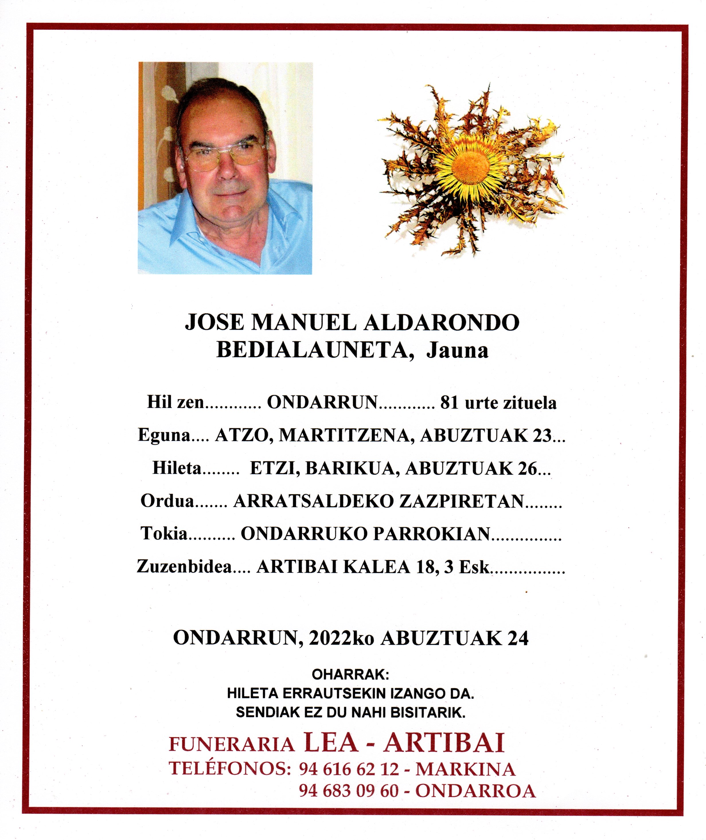Esquela de Jose Manuel Aldarondo Bedialauneta