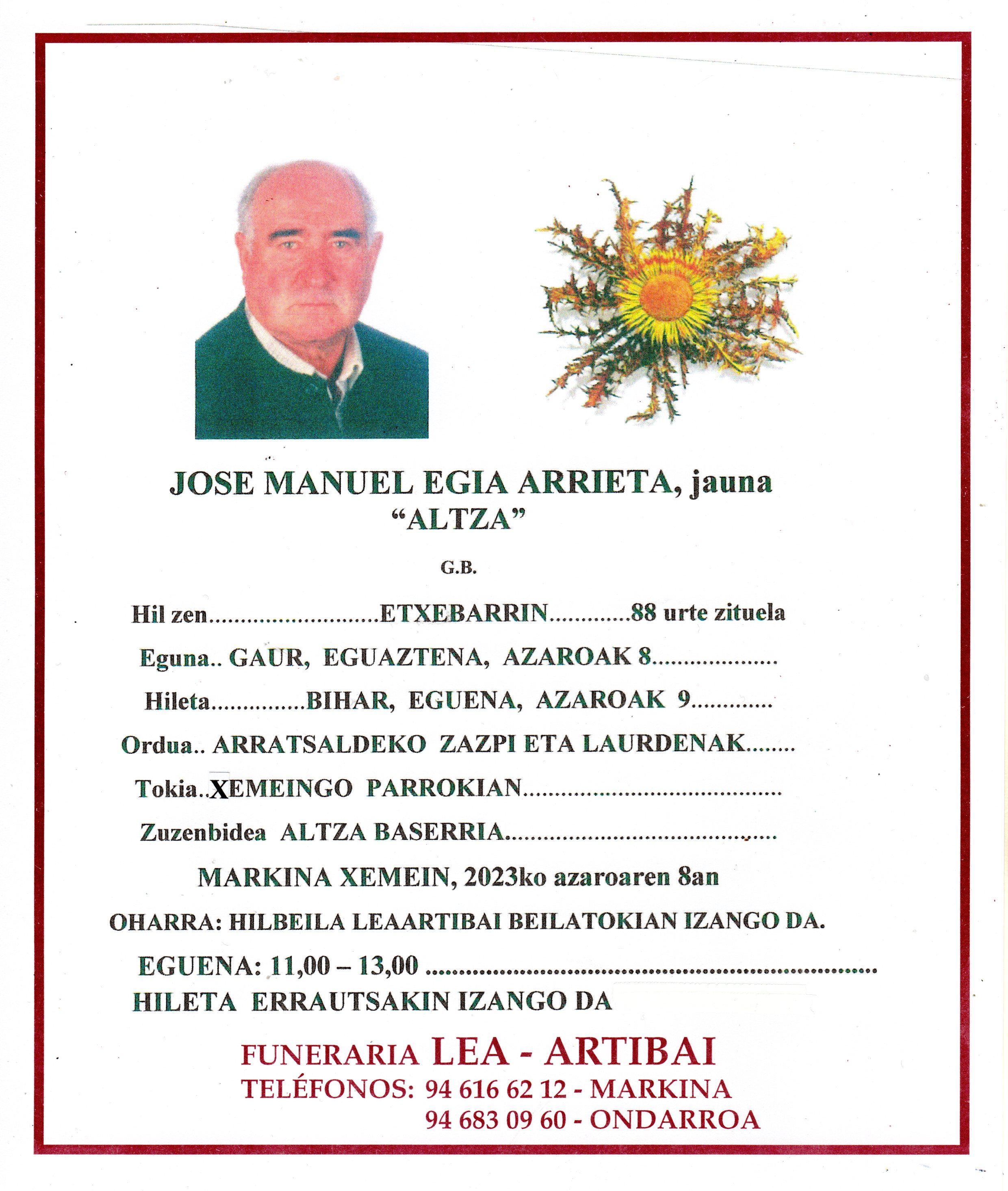 Esquela de Jose Manuel Egia Arrieta
