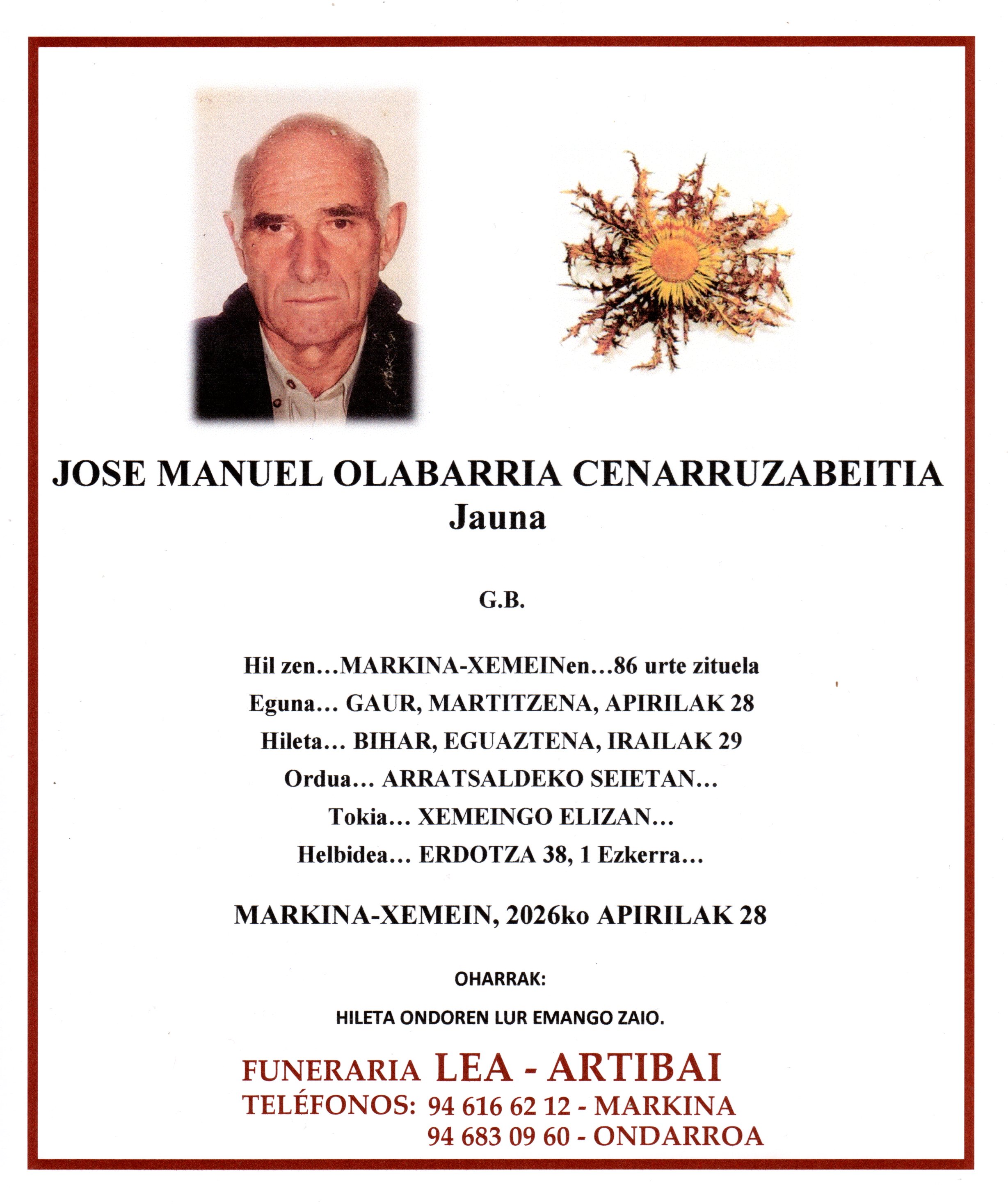 Esquela de Jose Manuel Olabarria Cenarruzabeitia