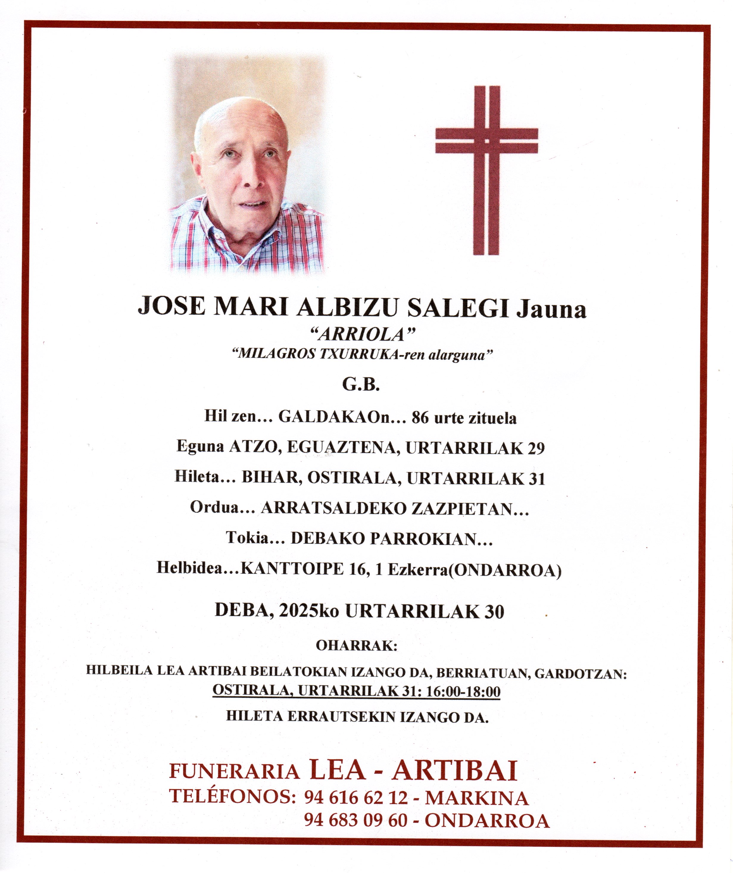 Esquela de Jose Mari Albizu Salegi