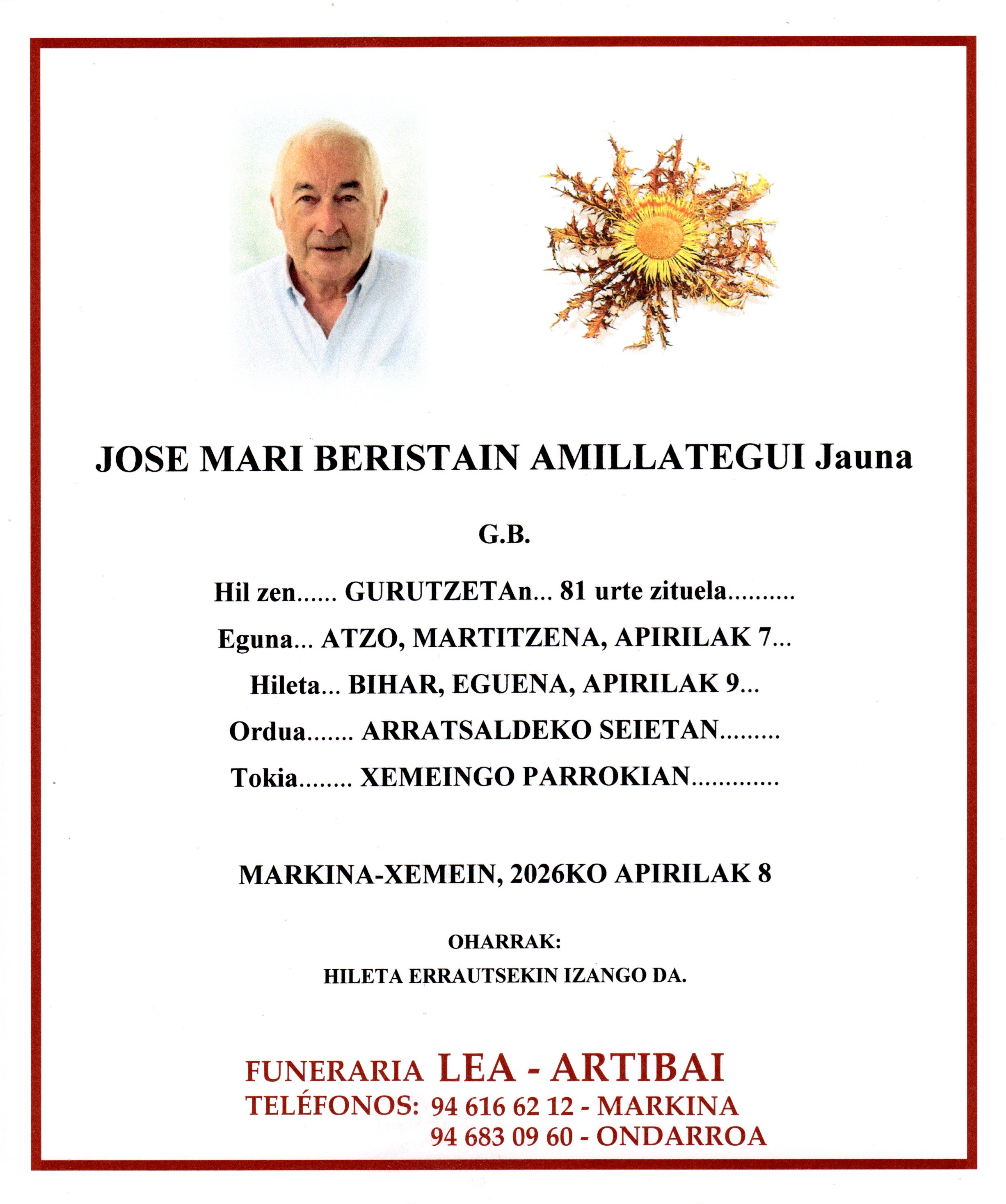 Esquela de Jose Mari Beristain Amillategui