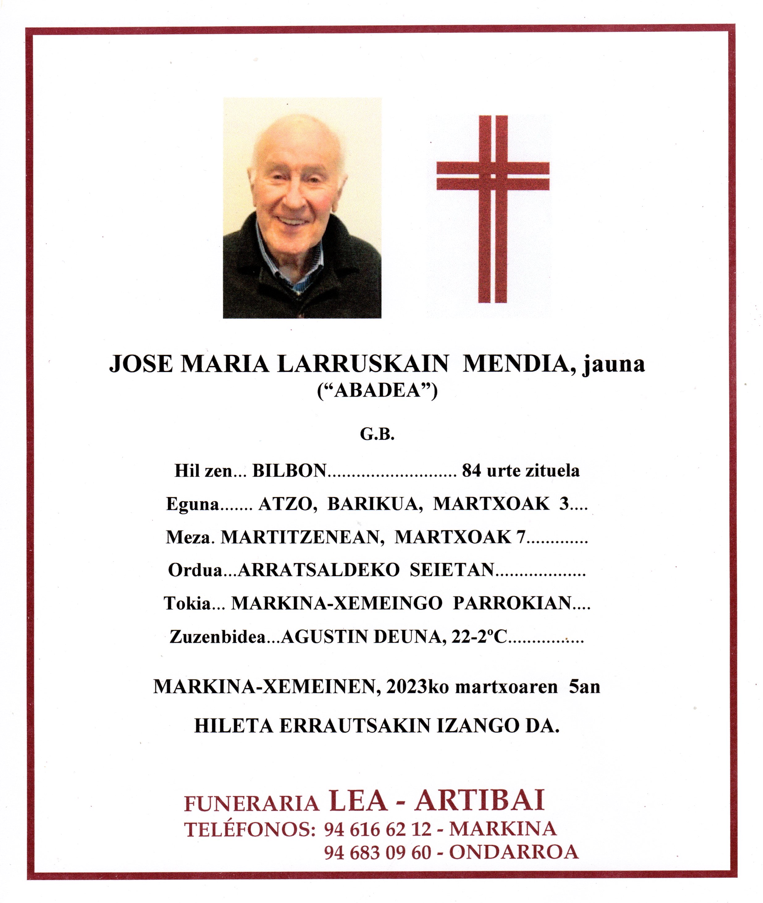 Esquela de Jose Maria Larruskain Mendia
