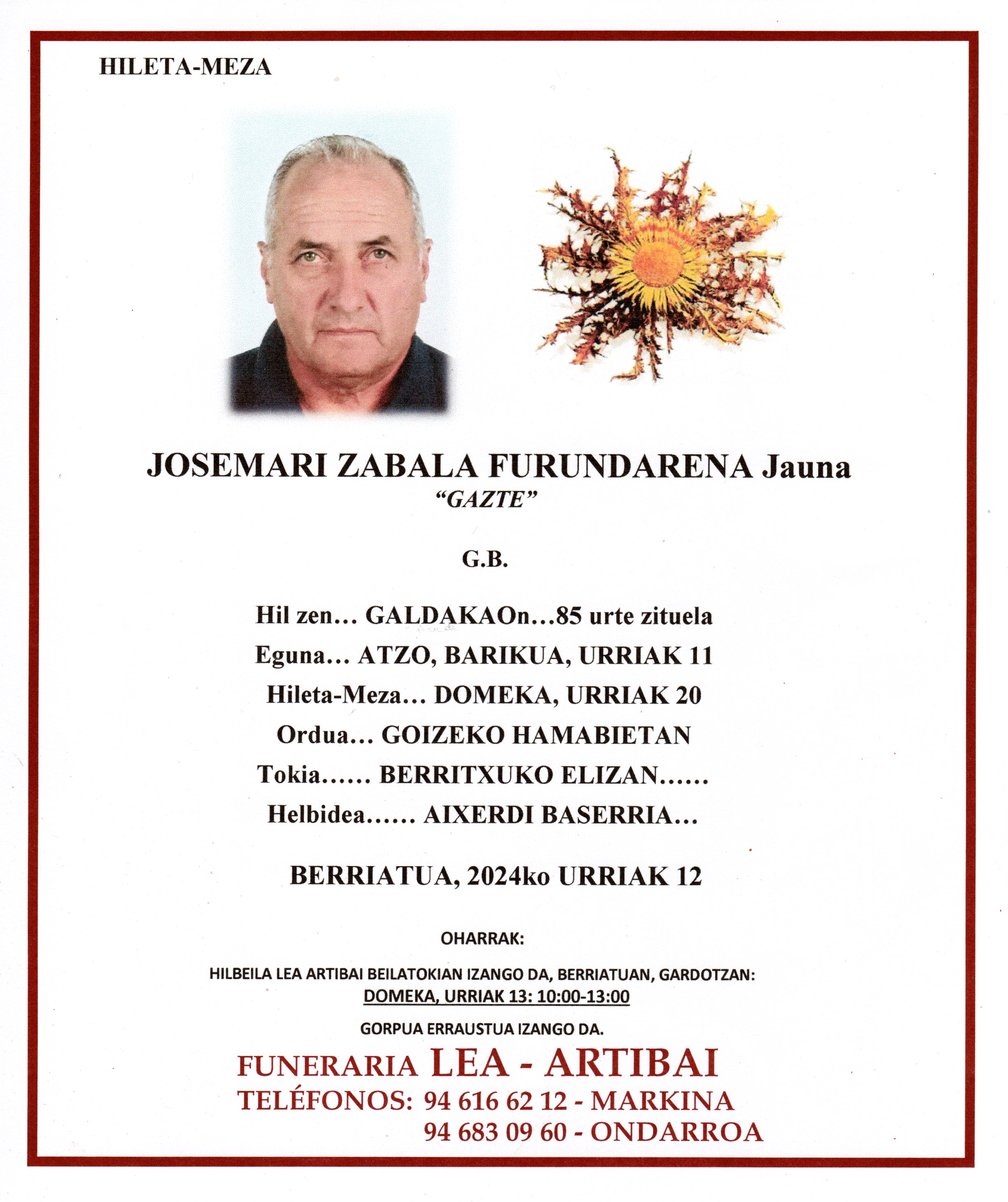 Esquela de Jose Maria Zabala Furundarena