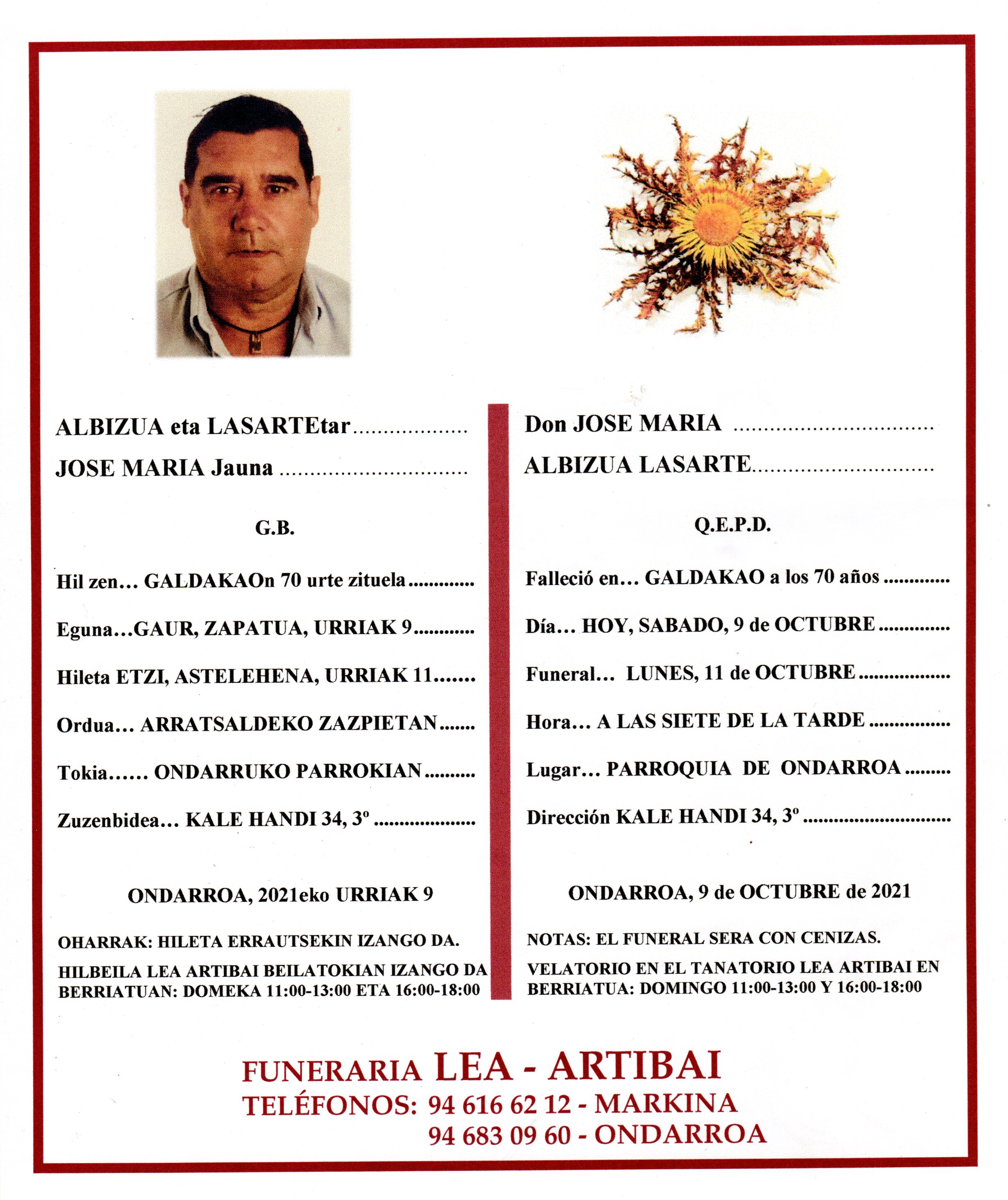 Esquela de Jose Maria Albizua Lasarte