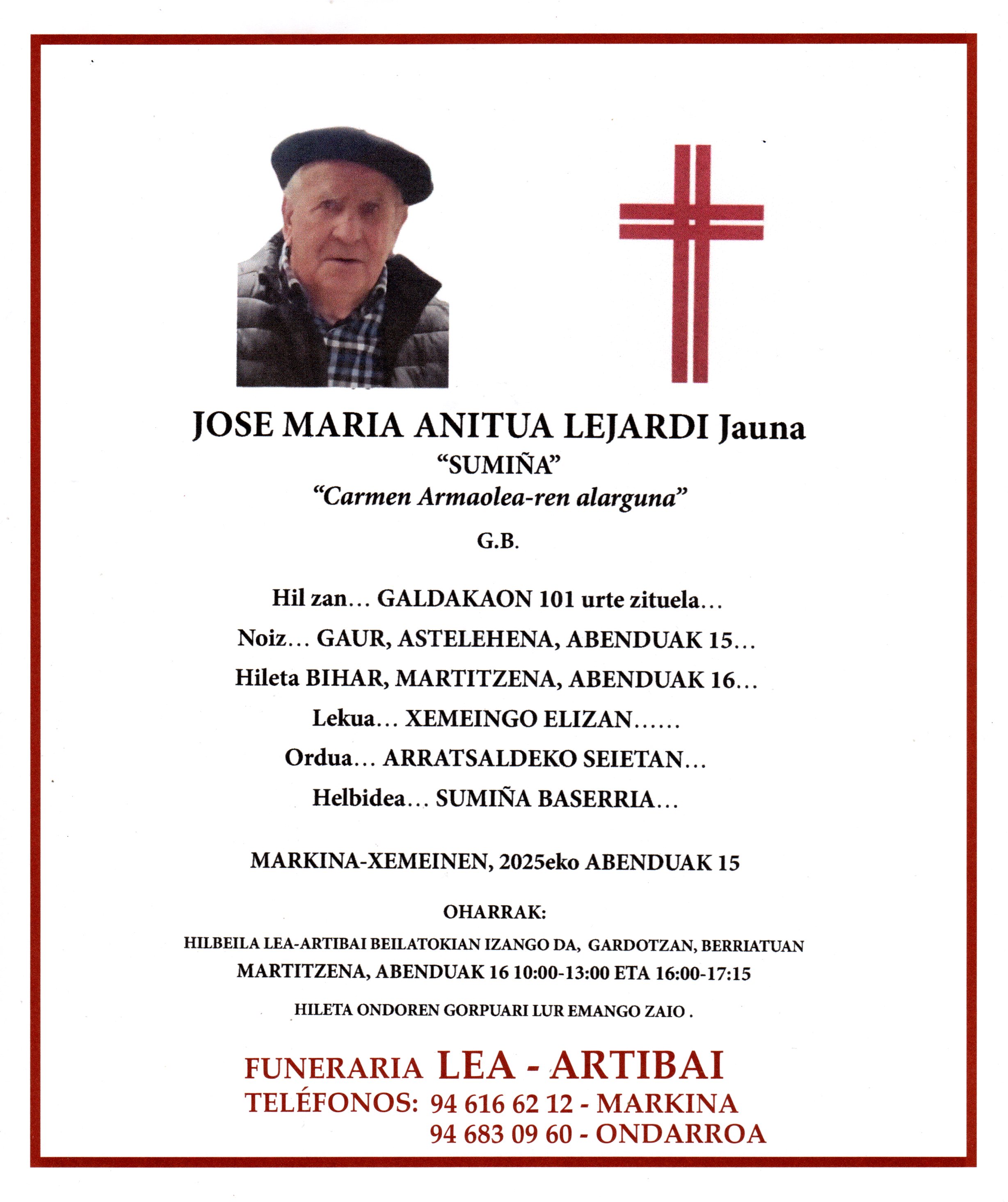Esquela de Jose Maria Anitua Lejardi