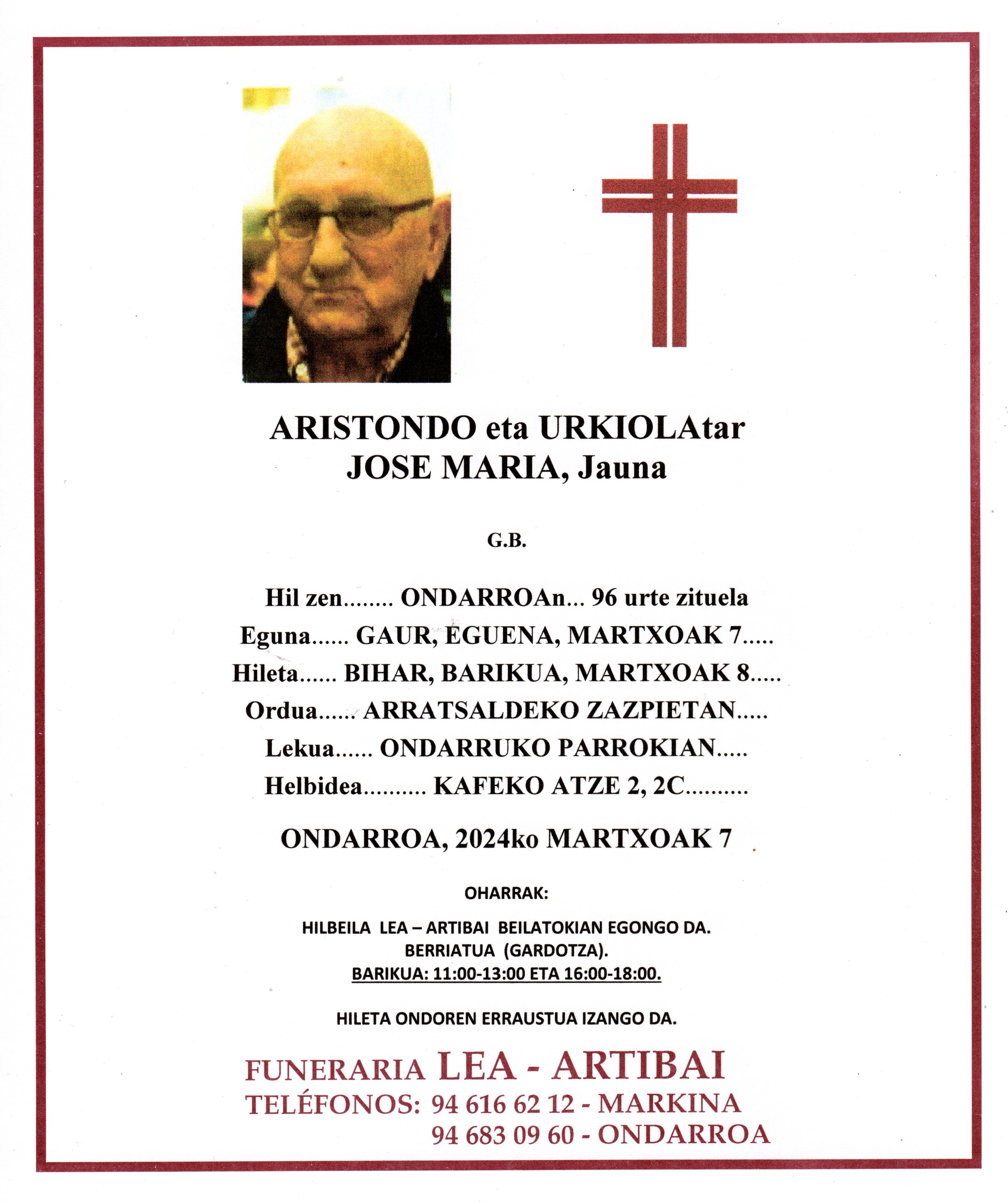 Esquela de Jose Maria Aristondo Urkiola