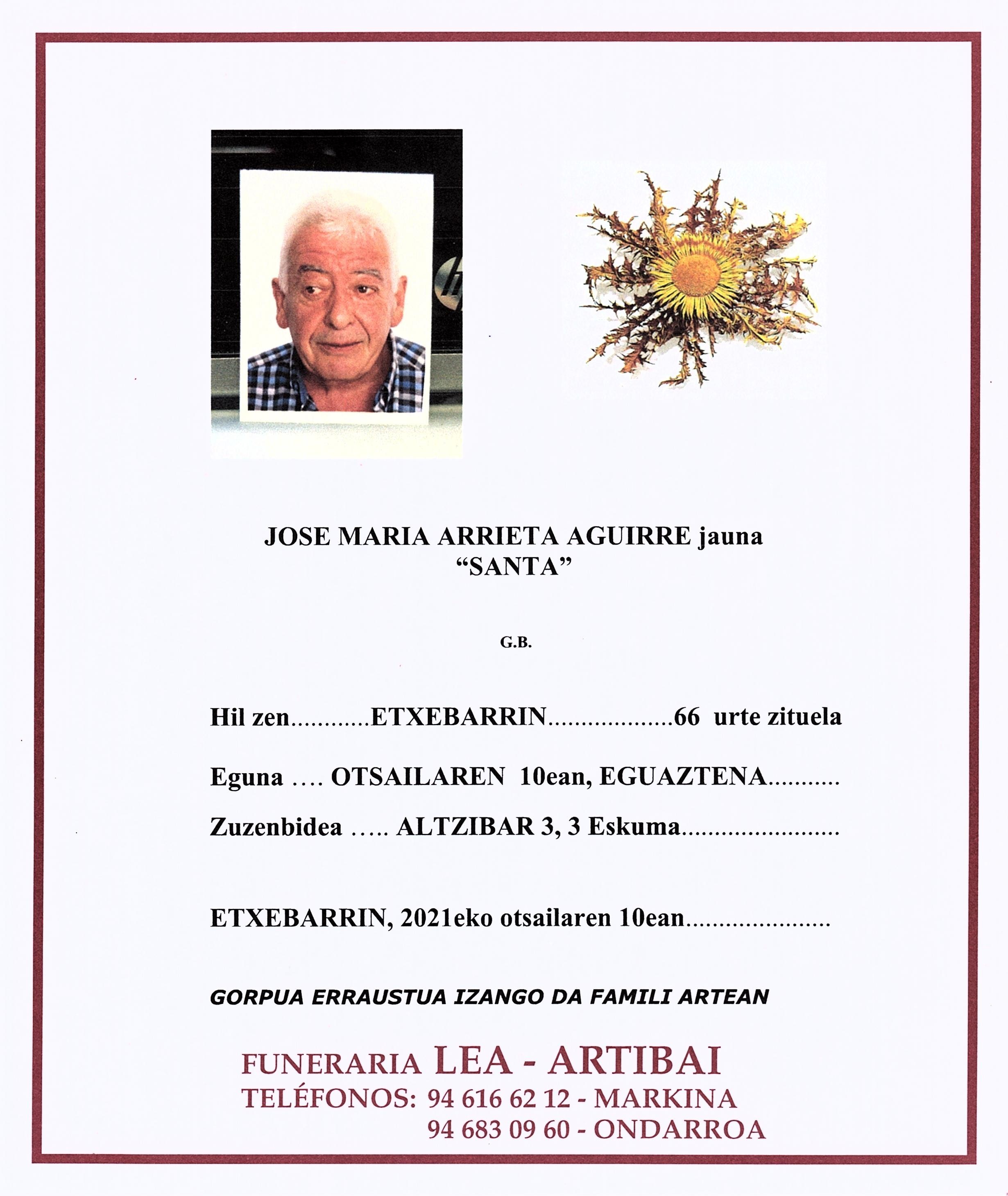 Esquela de Jose Maria Arrieta Aguirre
